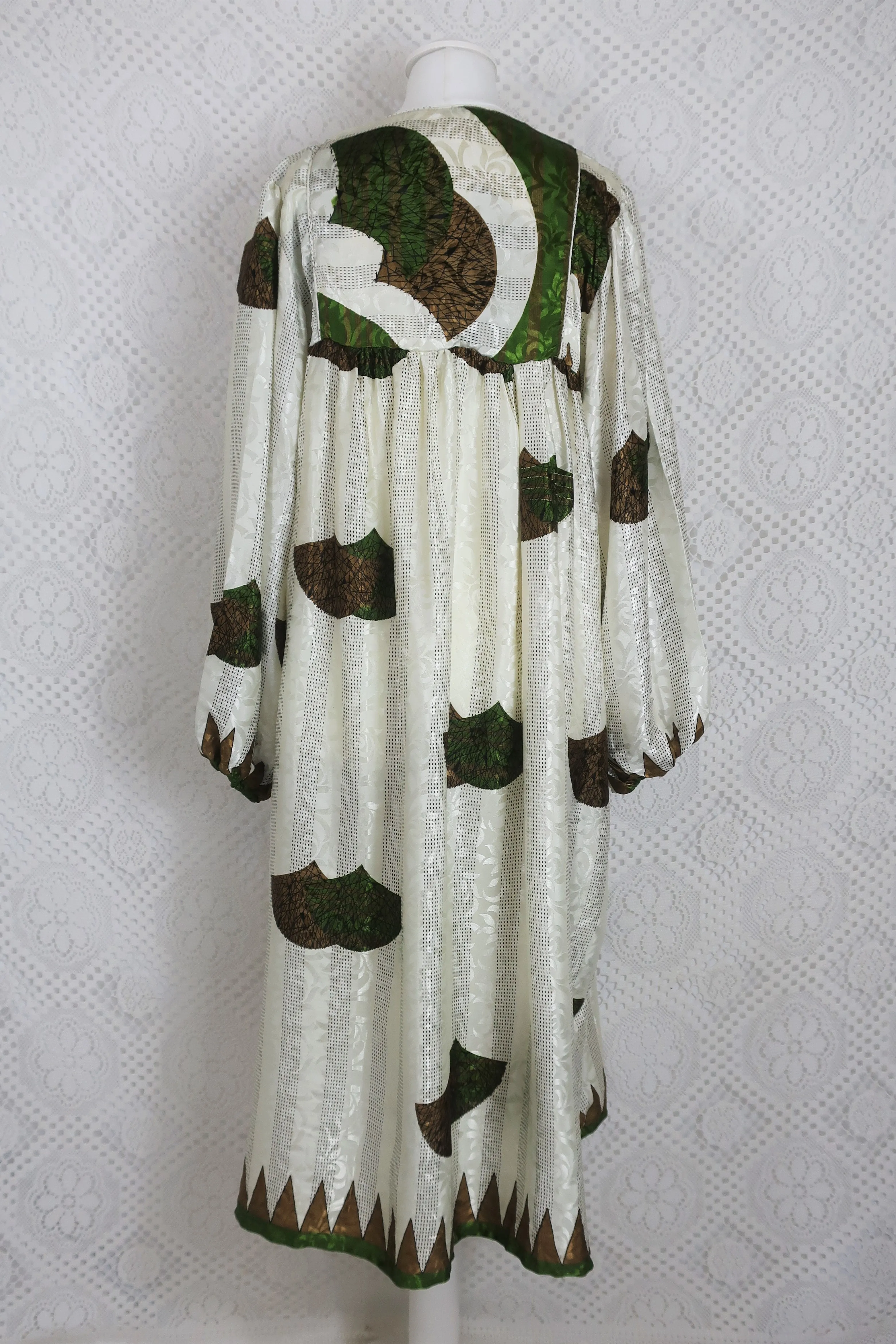 Daphne Smock Dress - Vintage Indian Sari - Ivory & Moss Green Shimmer - S/M