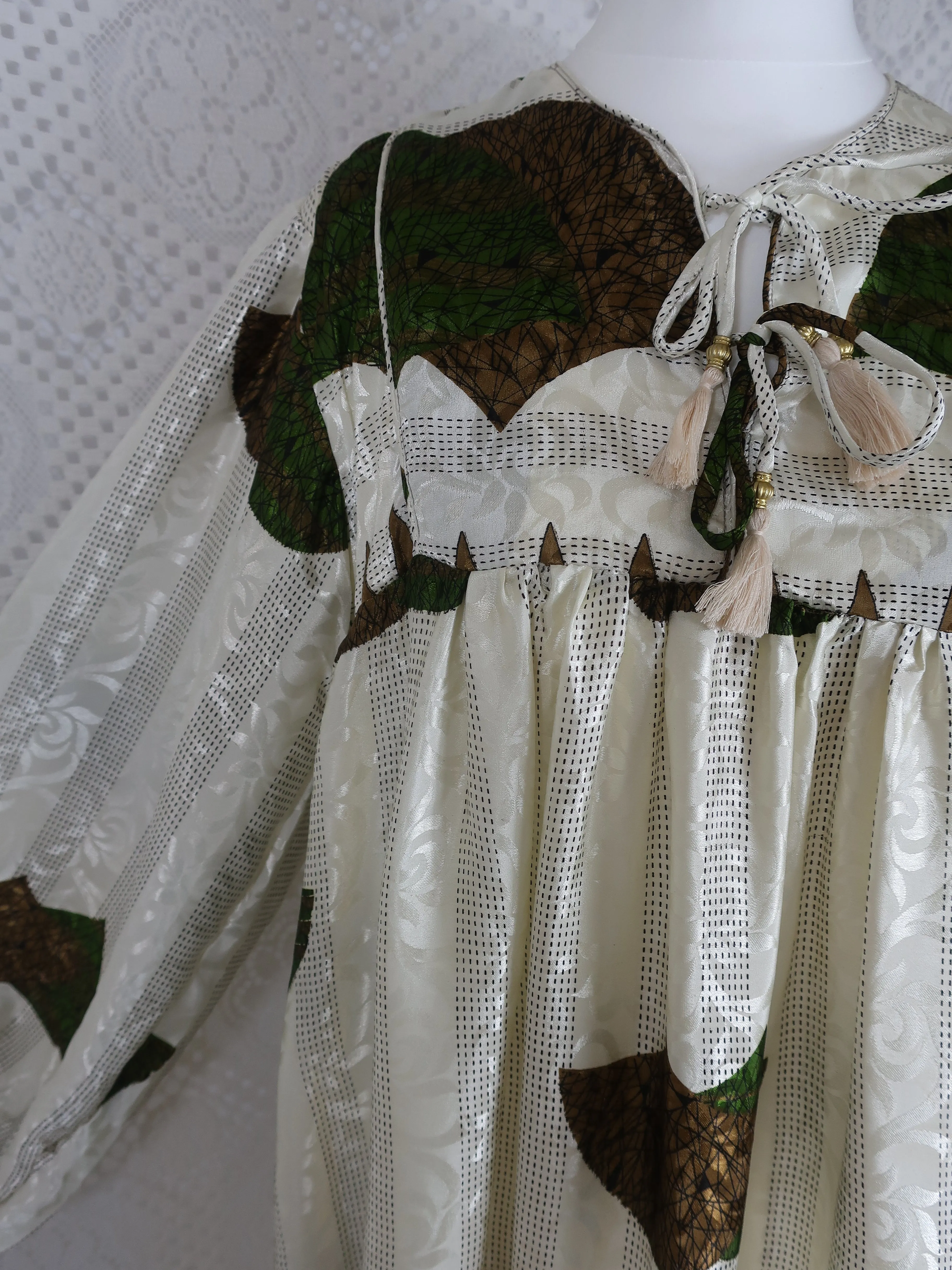 Daphne Smock Dress - Vintage Indian Sari - Ivory & Moss Green Shimmer - S/M