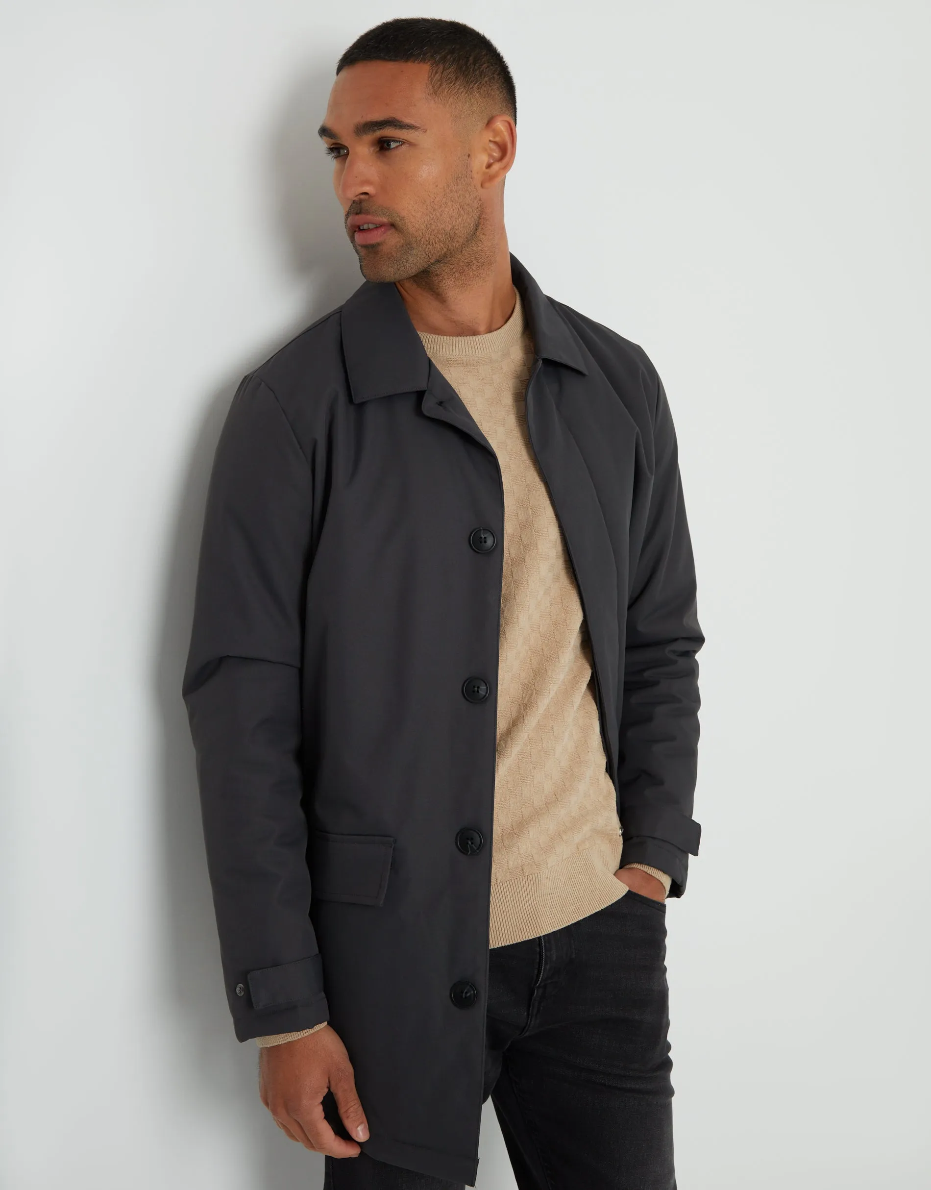 Men's Charcoal Showerproof Button Up Collared Mac