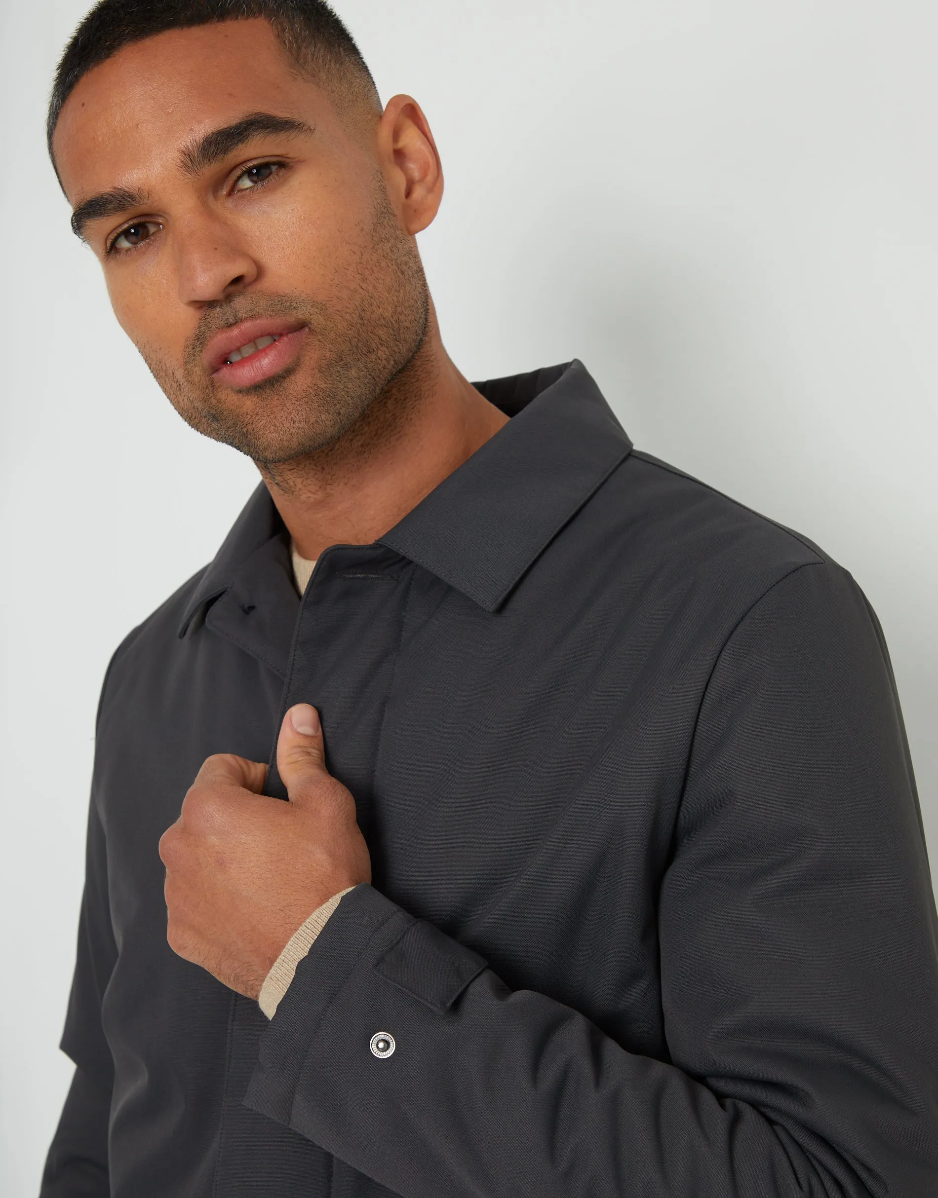 Men's Charcoal Showerproof Button Up Collared Mac