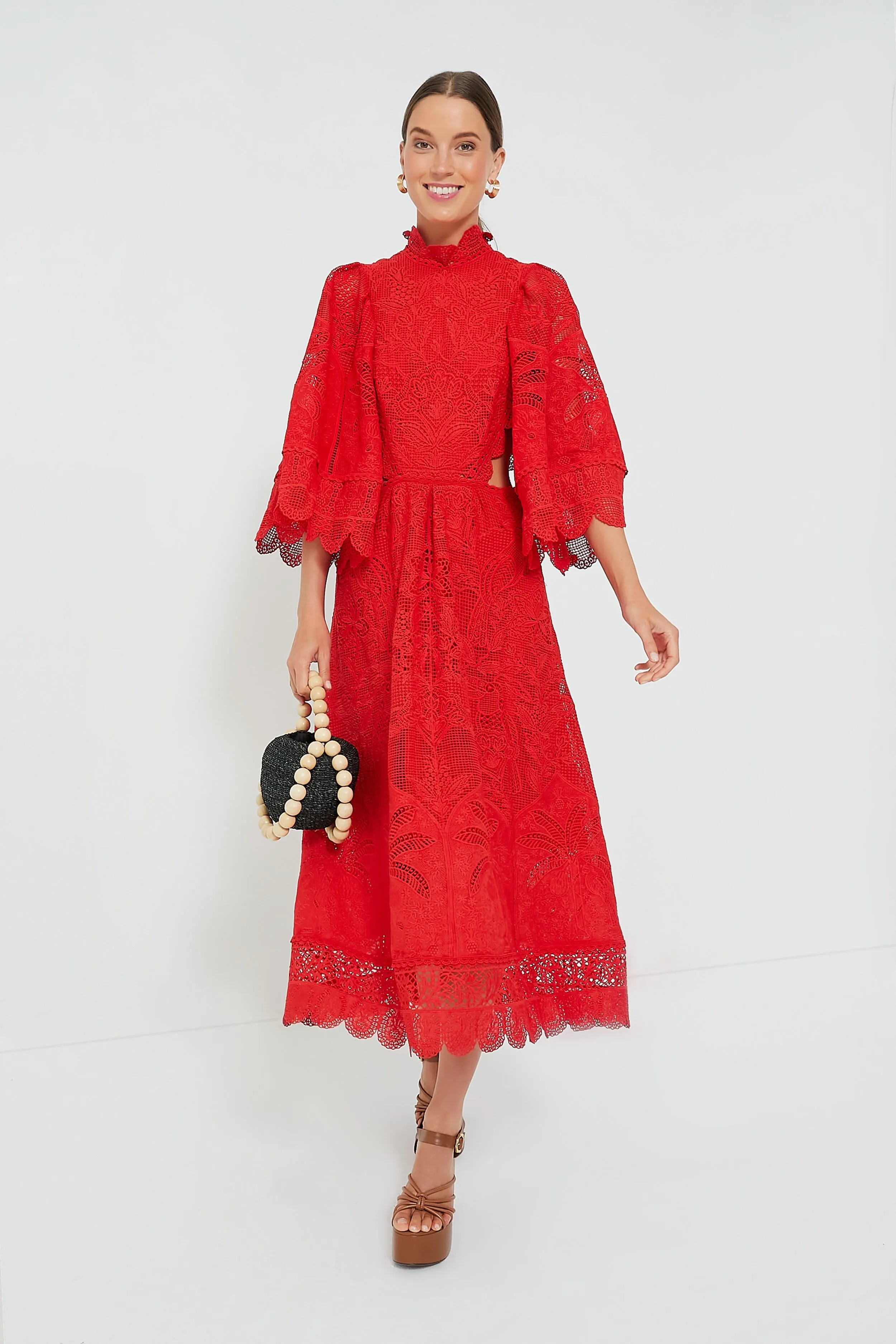 Red Guipure Cut Out Midi Dress