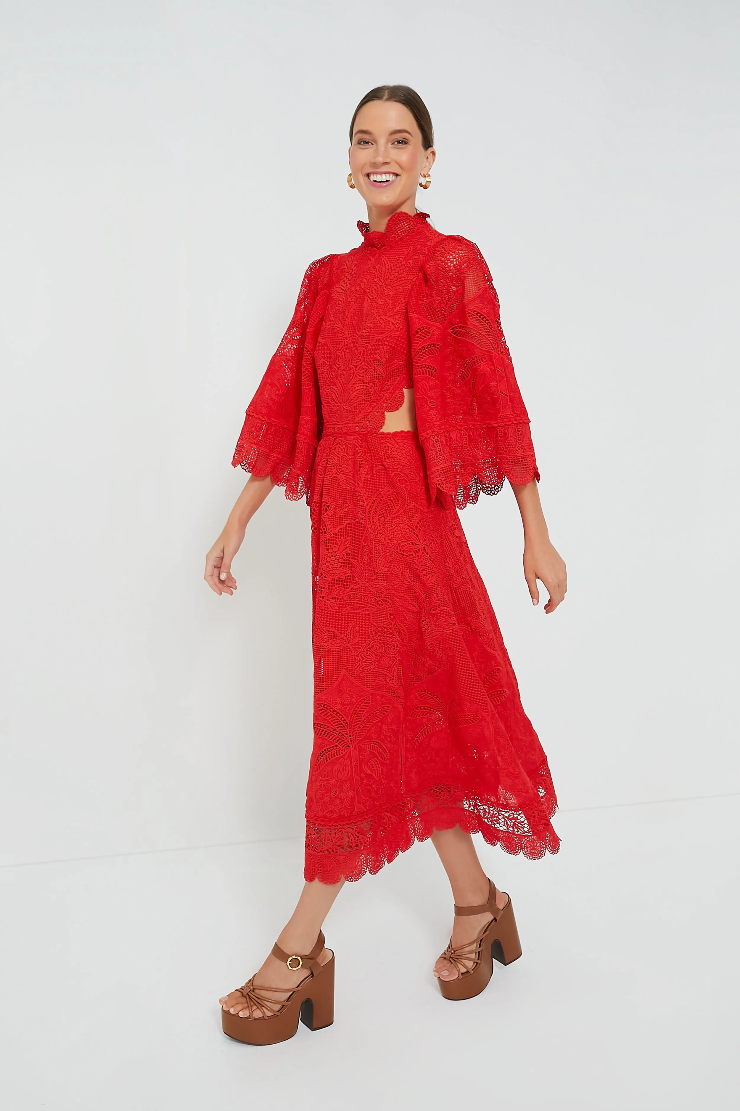 Red Guipure Cut Out Midi Dress