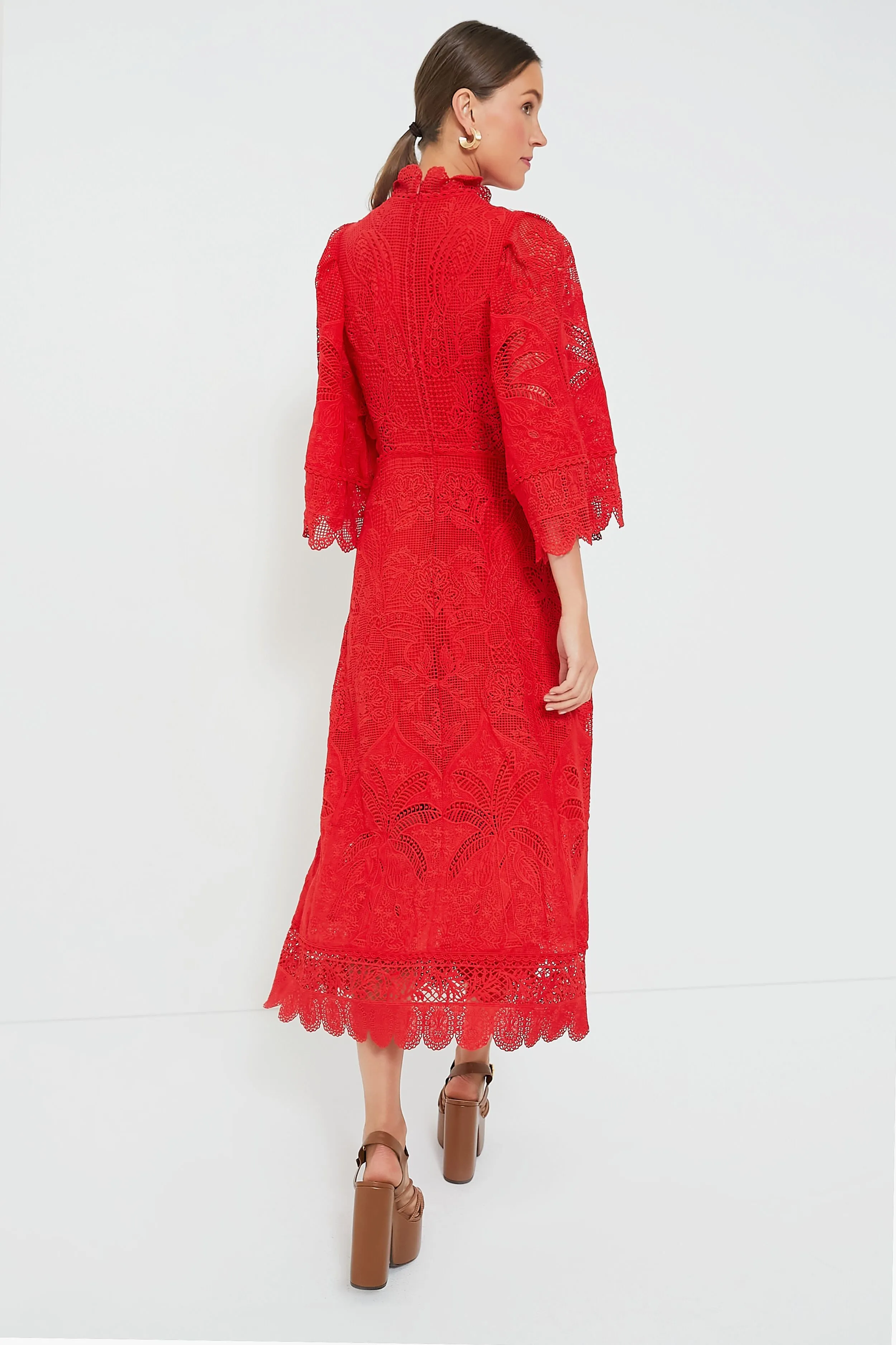 Red Guipure Cut Out Midi Dress
