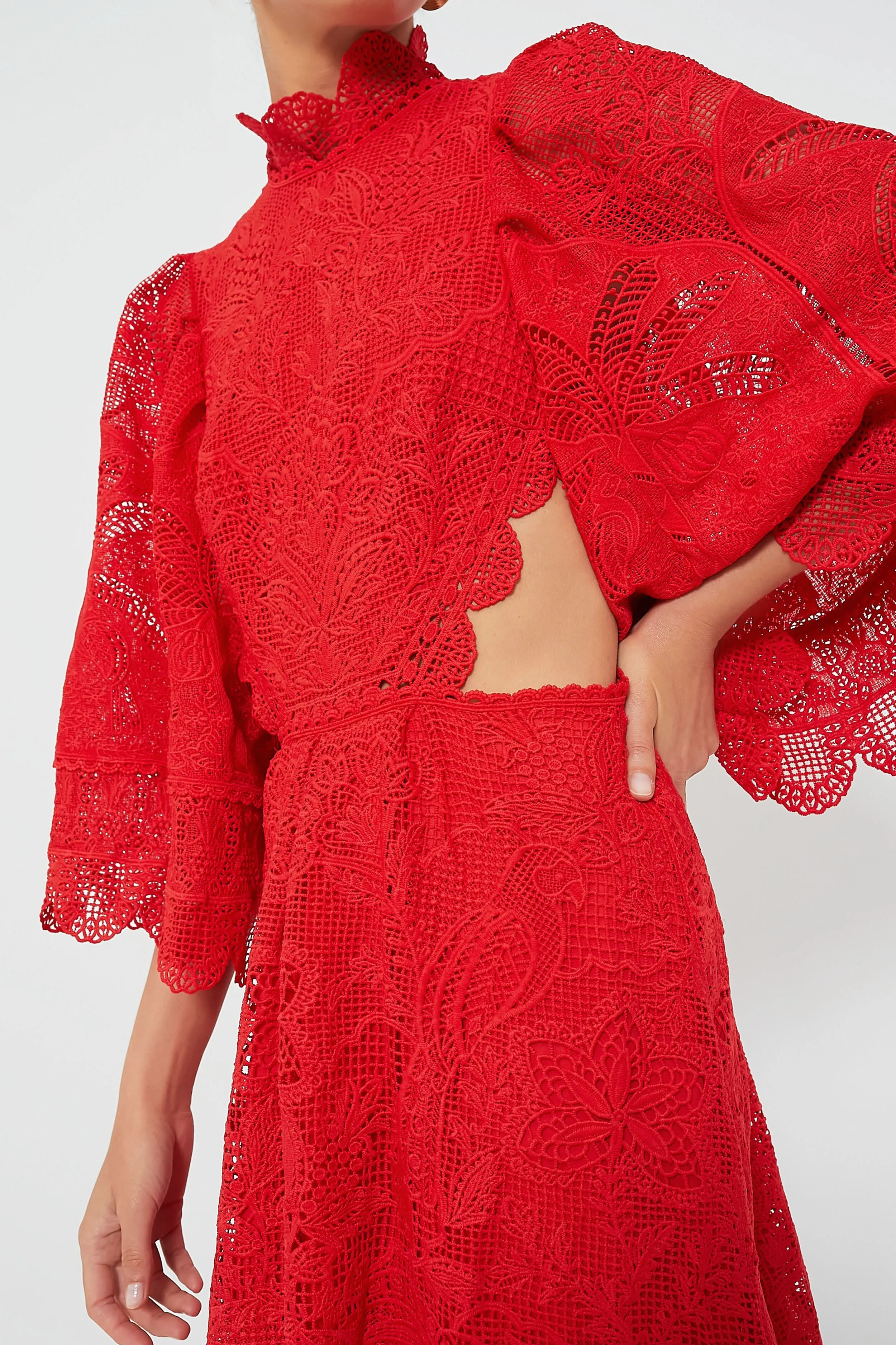 Red Guipure Cut Out Midi Dress
