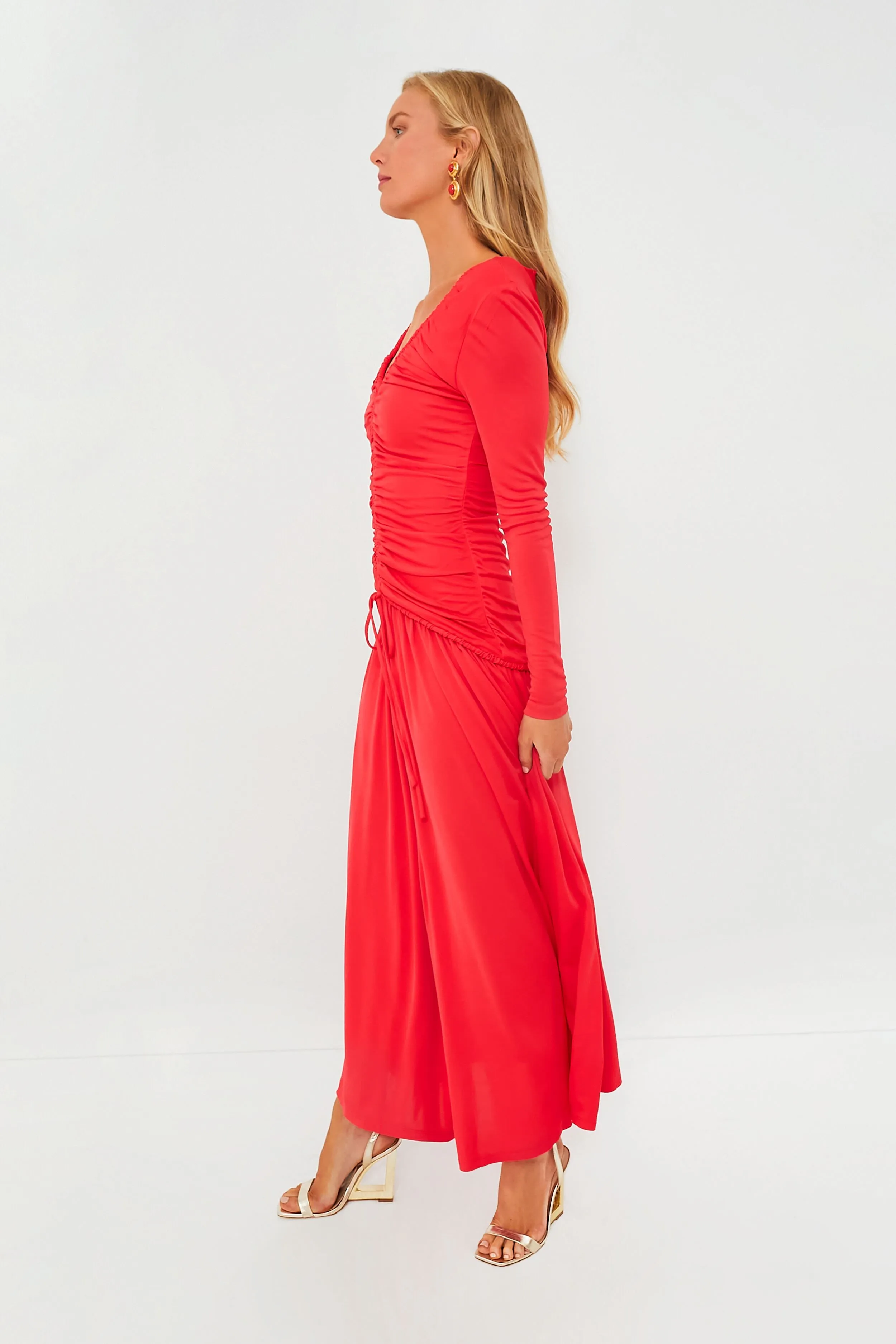 Red V Neck Long Sleeve Midi Dress