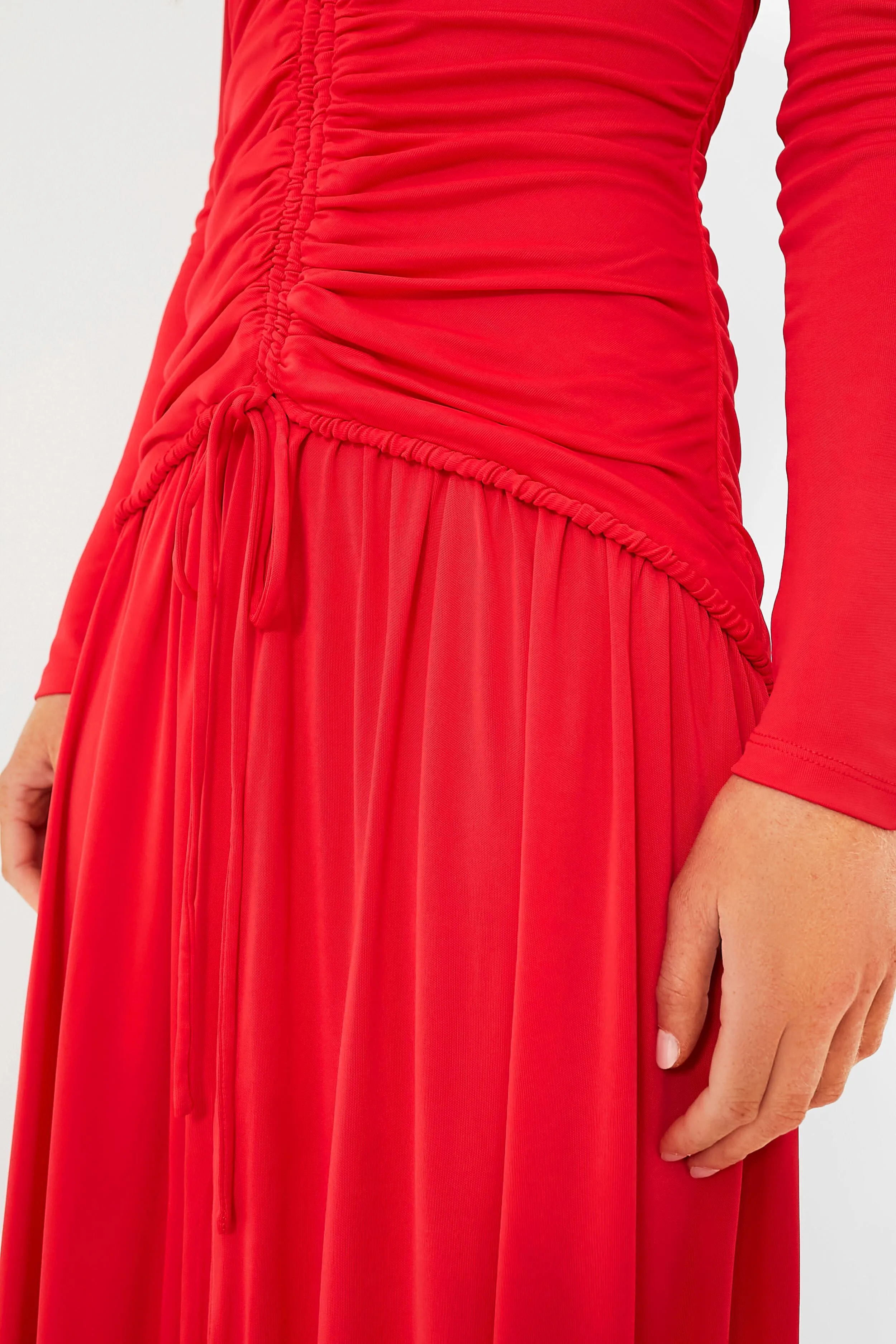 Red V Neck Long Sleeve Midi Dress