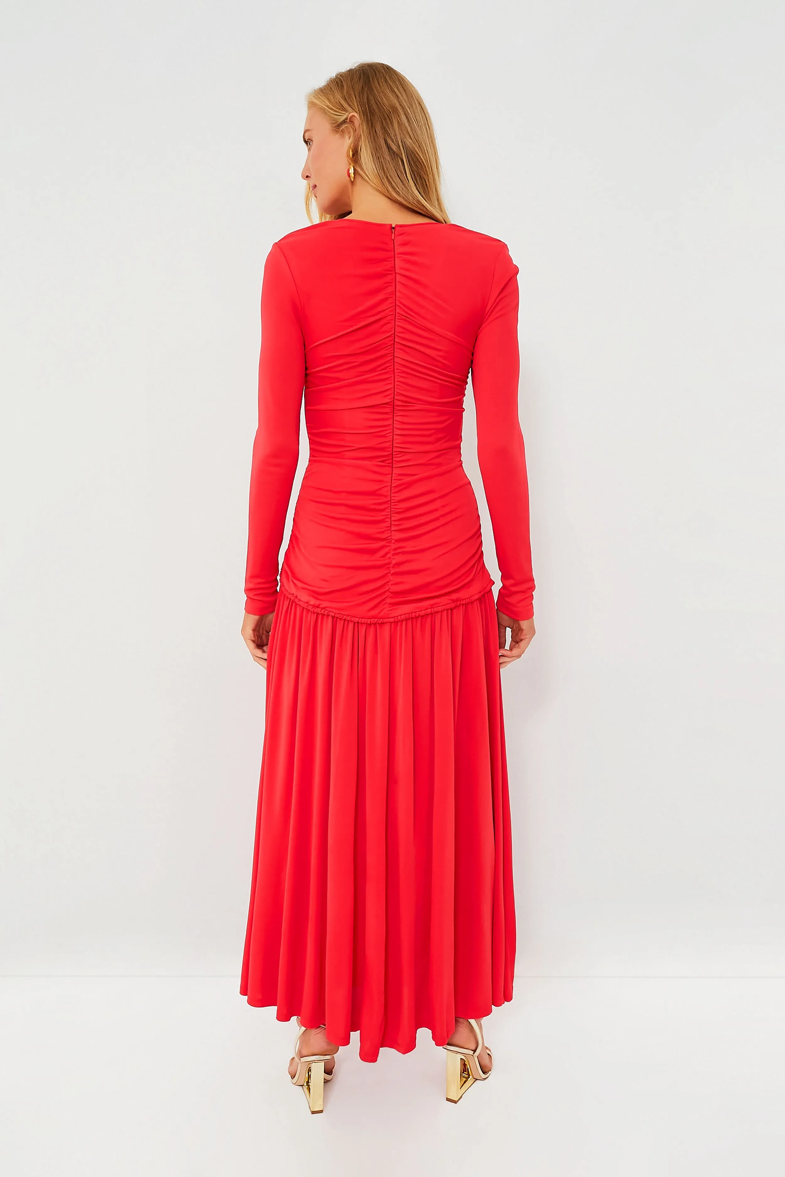 Red V Neck Long Sleeve Midi Dress