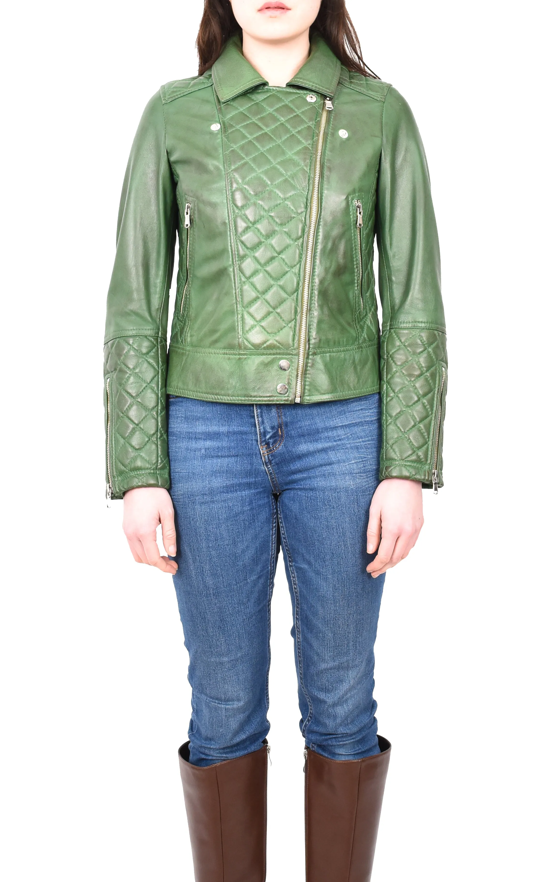 Women's Real Leather Biker Jacket with Quilt Detail Green Motoquilt