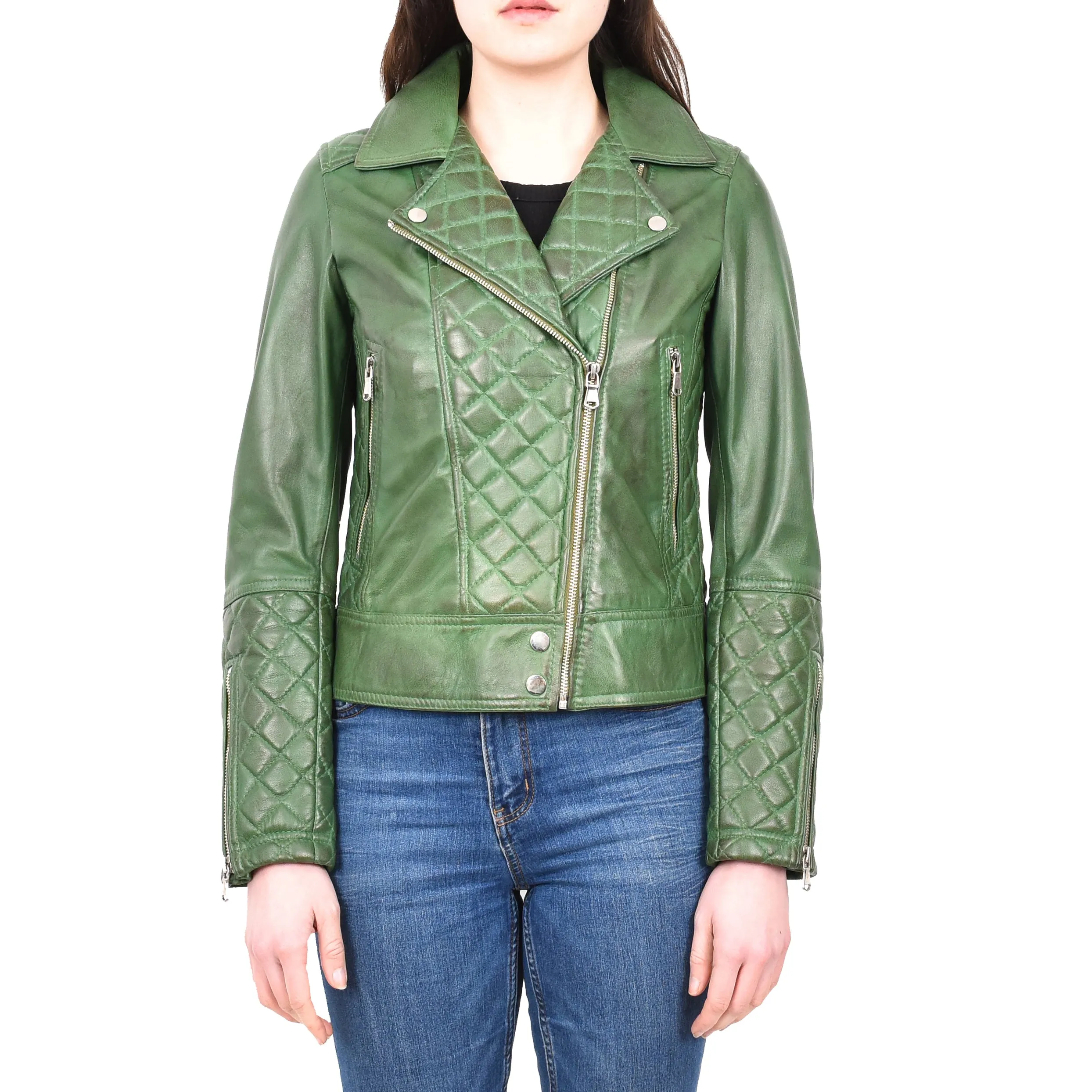 Women's Real Leather Biker Jacket with Quilt Detail Green Motoquilt