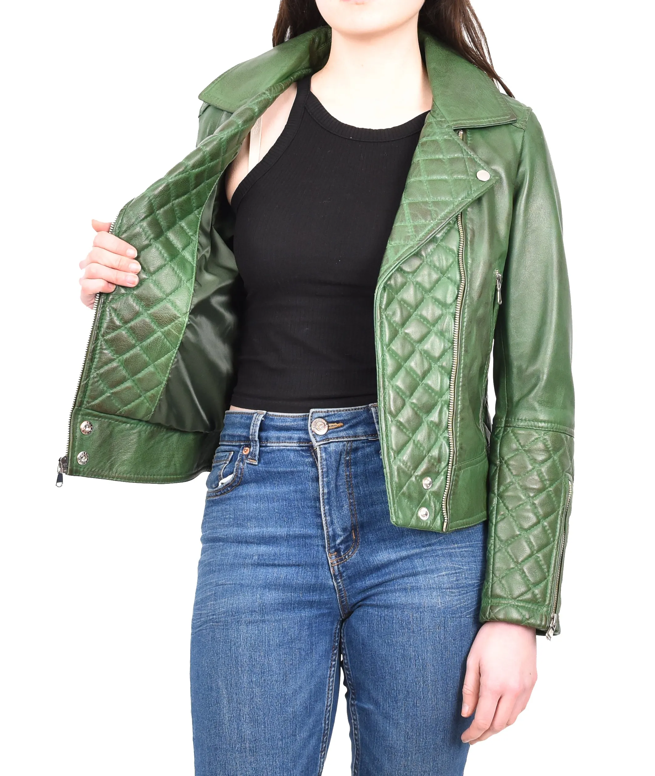 Women's Real Leather Biker Jacket with Quilt Detail Green Motoquilt