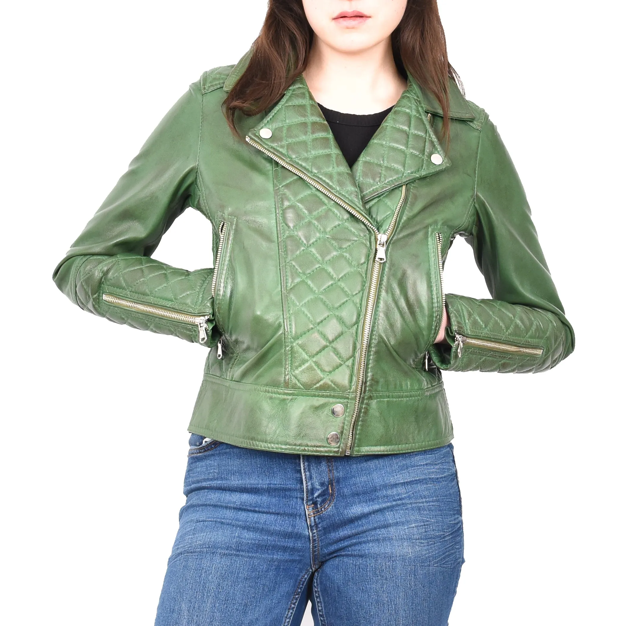 Women's Real Leather Biker Jacket with Quilt Detail Green Motoquilt