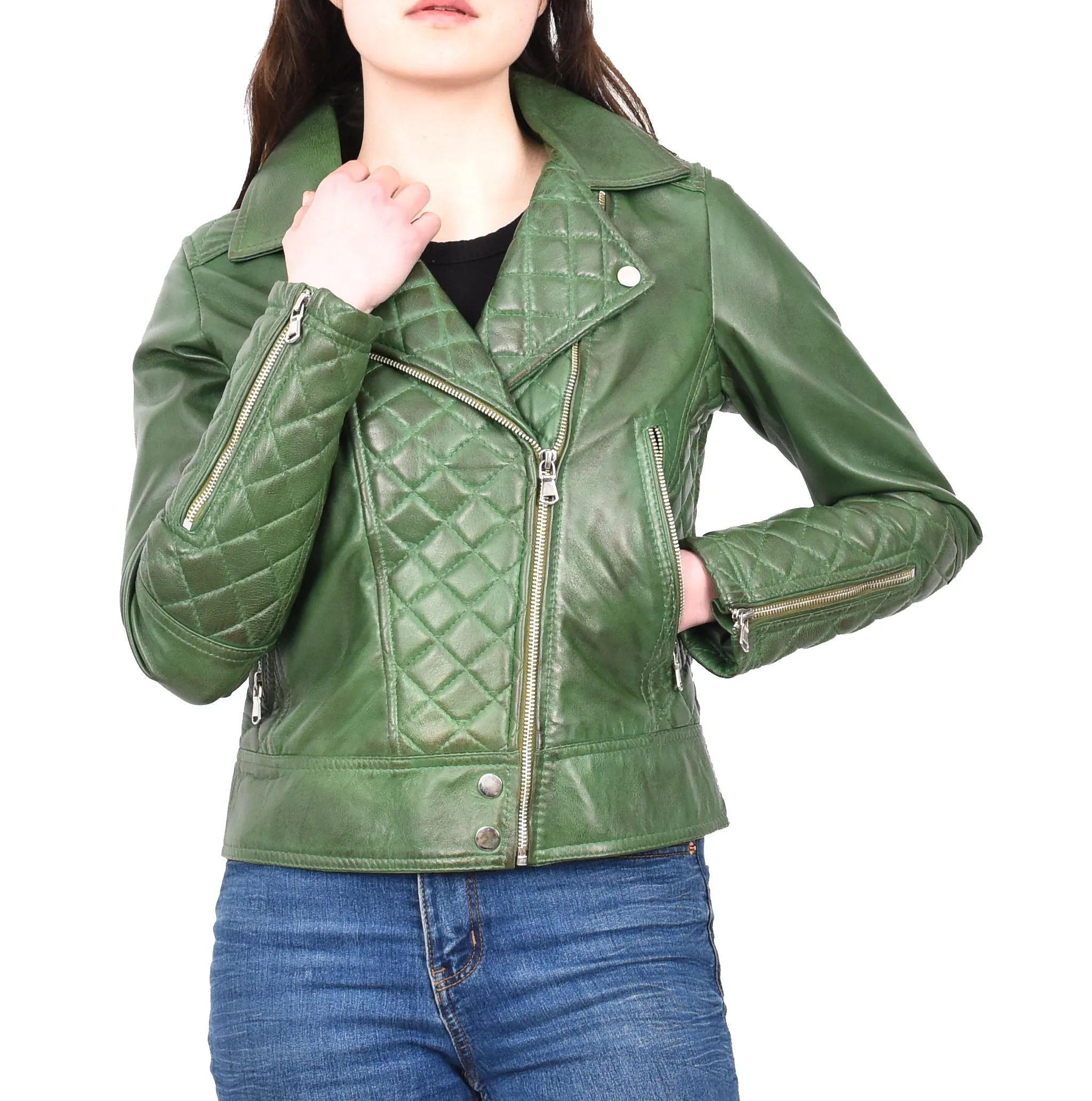 Women's Real Leather Biker Jacket with Quilt Detail Green Motoquilt
