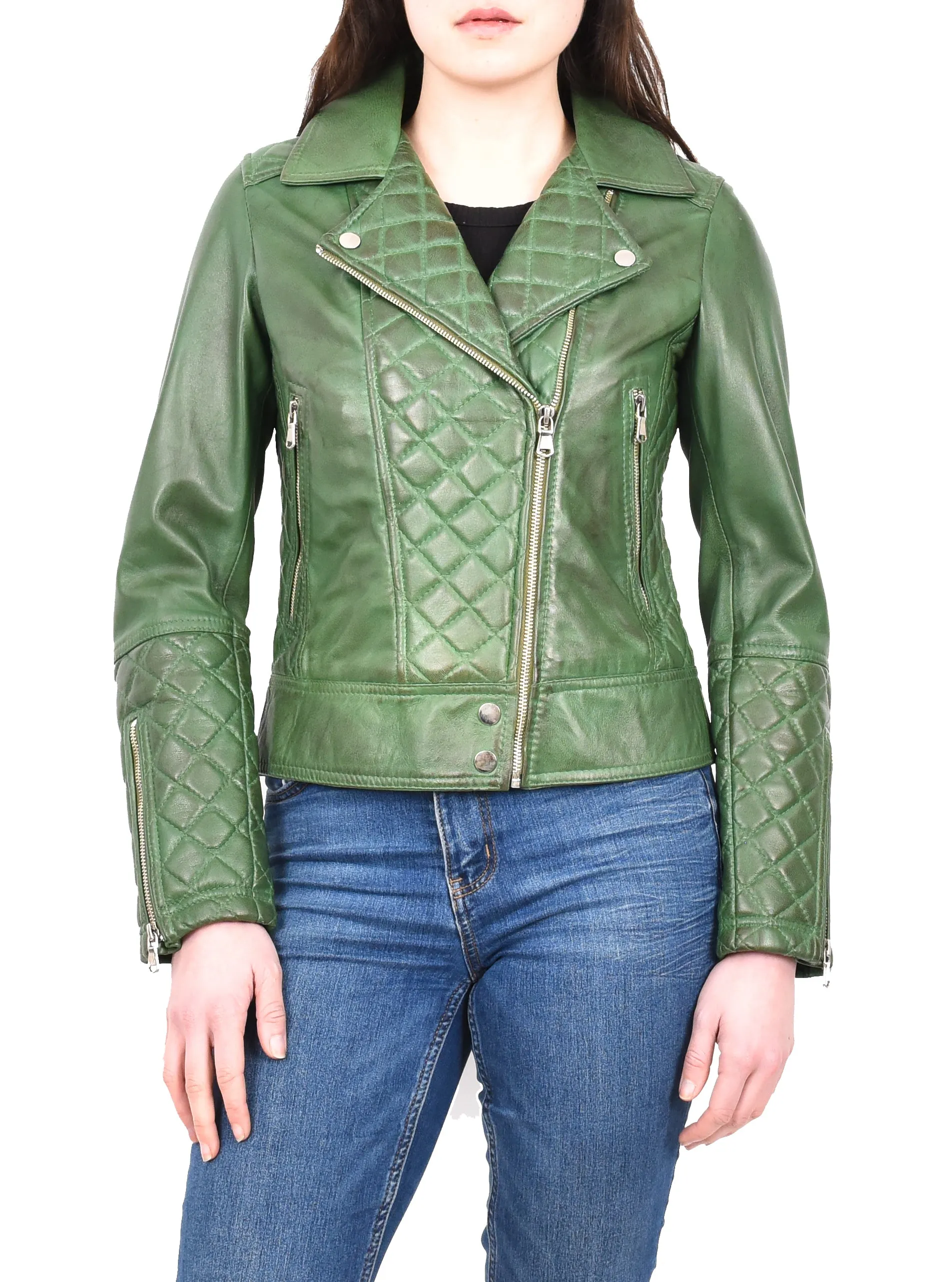 Women's Real Leather Biker Jacket with Quilt Detail Green Motoquilt