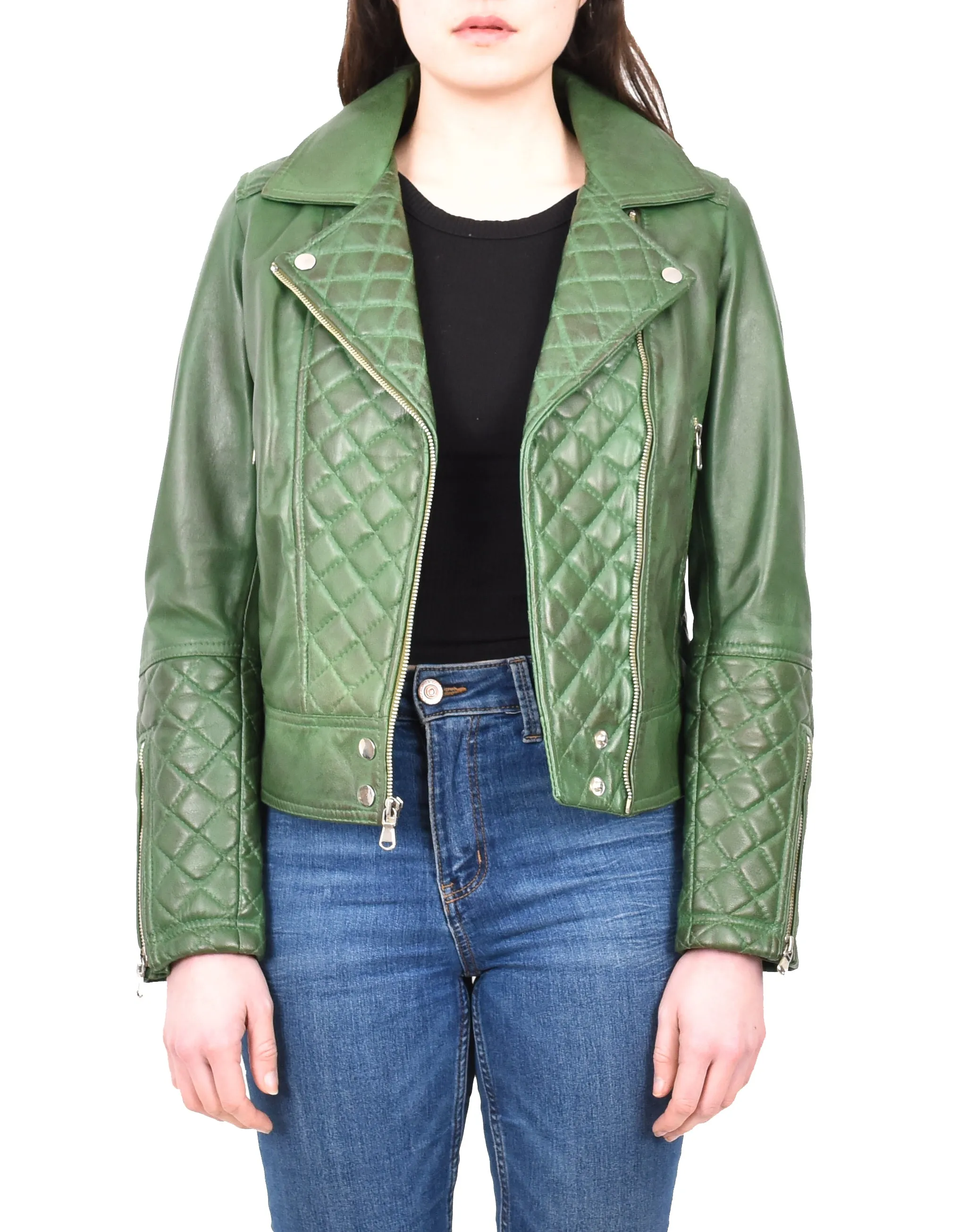 Women's Real Leather Biker Jacket with Quilt Detail Green Motoquilt