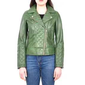 Women's Real Leather Biker Jacket with Quilt Detail Green Motoquilt