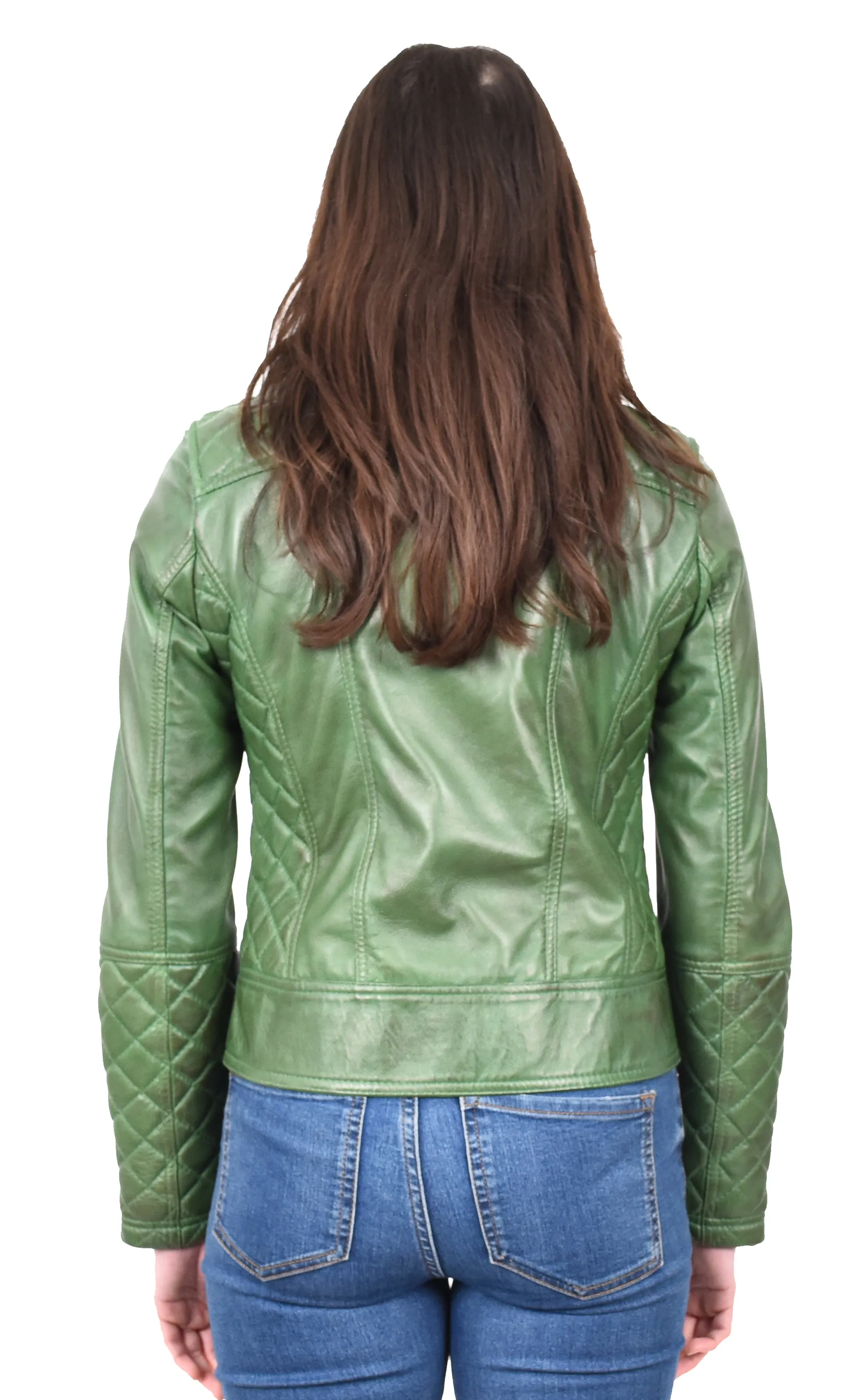 Women's Real Leather Biker Jacket with Quilt Detail Green Motoquilt