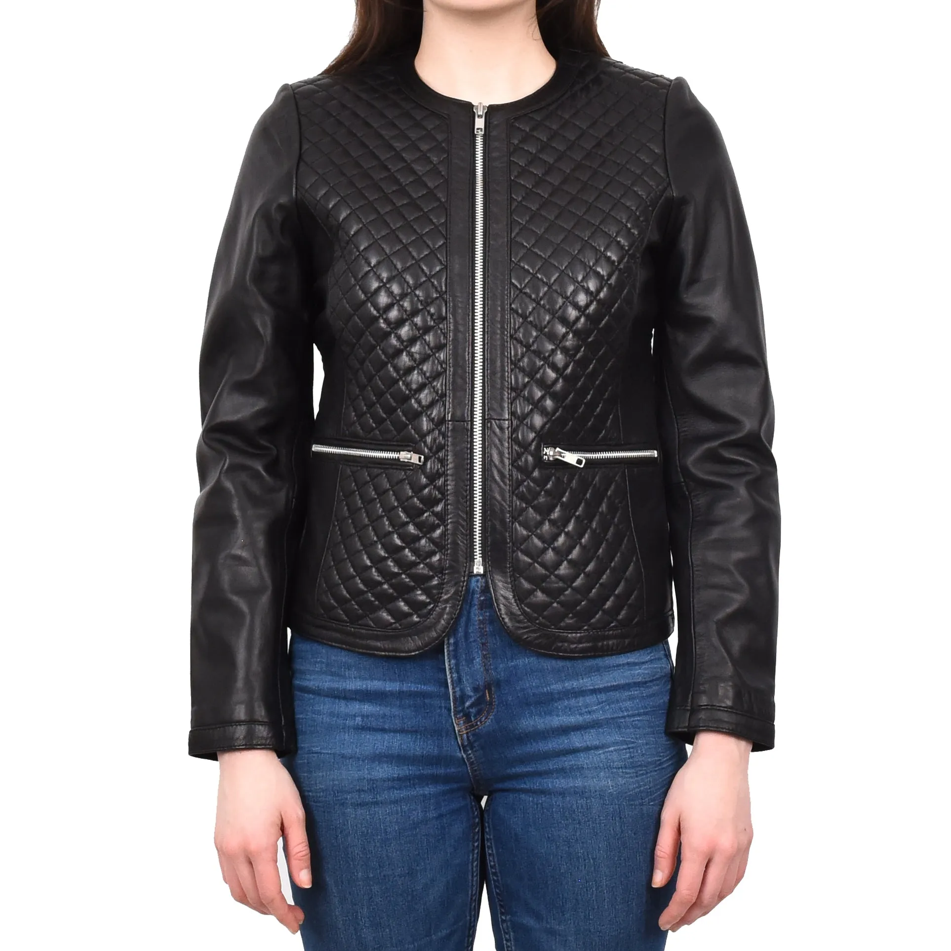 Women's Real Leather Smart Quilted Biker Style Jacket Black Quiltara