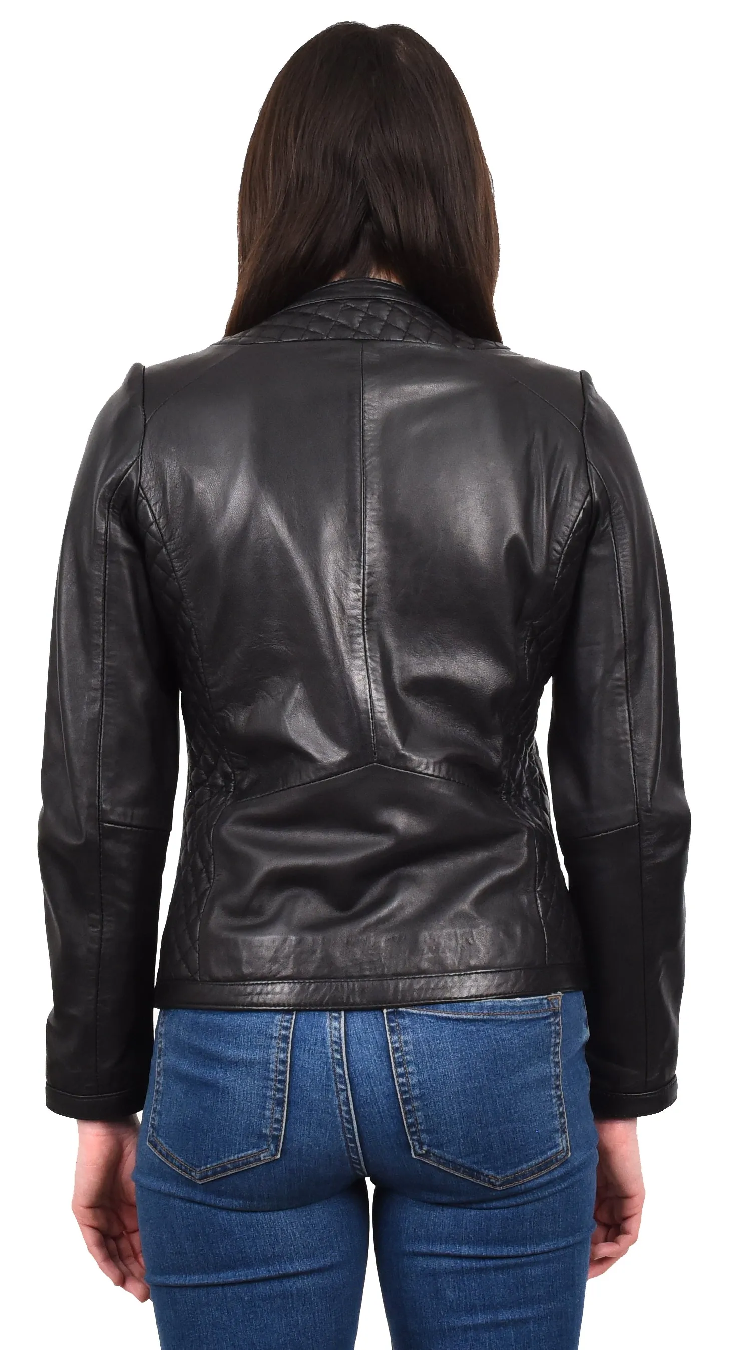 Women's Real Leather Smart Quilted Biker Style Jacket Black Quiltara