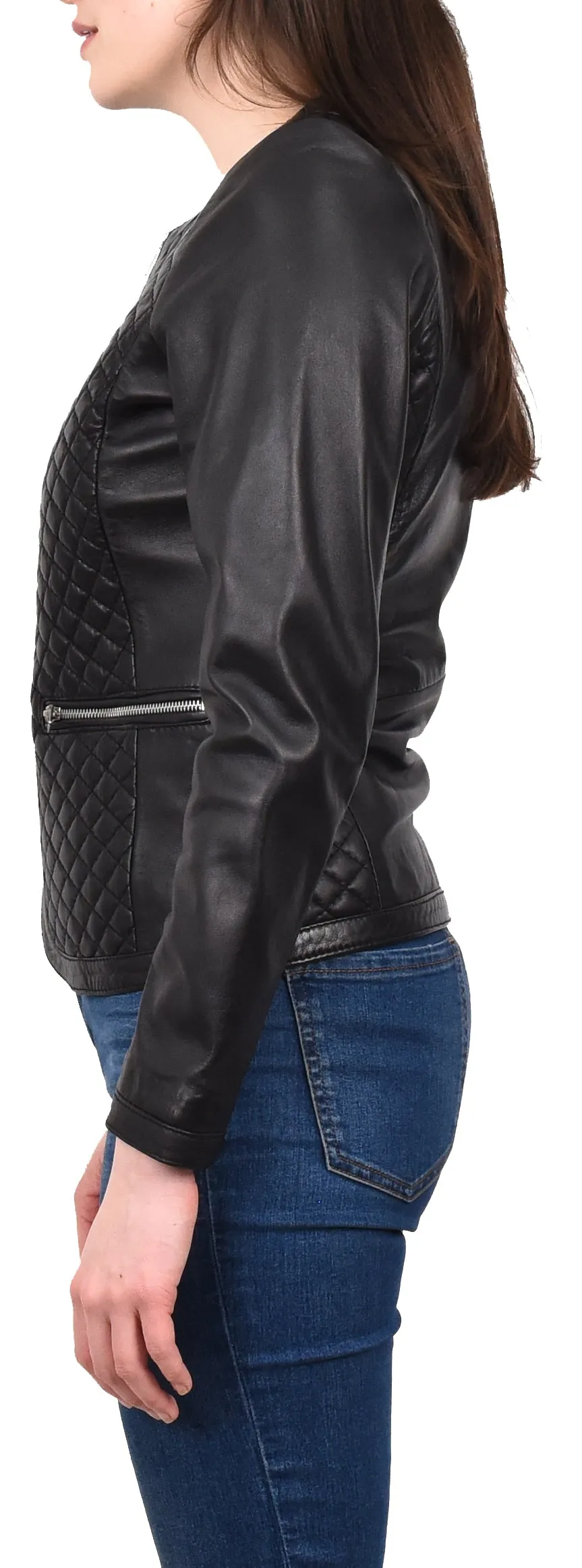 Women's Real Leather Smart Quilted Biker Style Jacket Black Quiltara