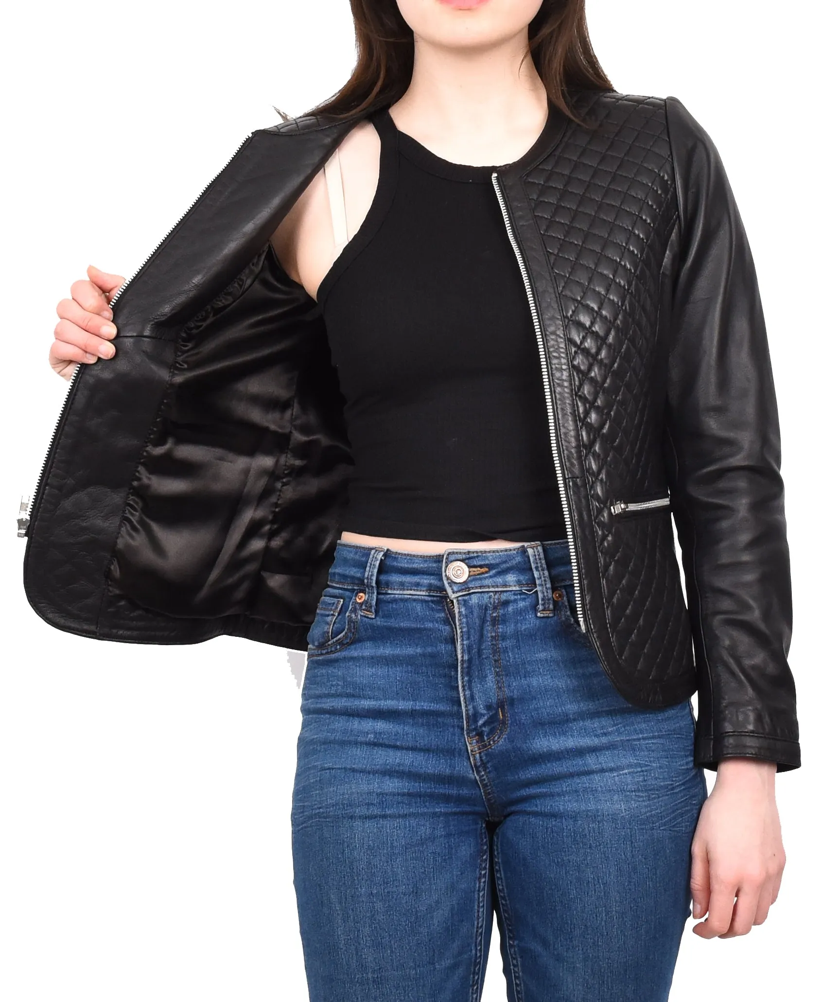 Women's Real Leather Smart Quilted Biker Style Jacket Black Quiltara