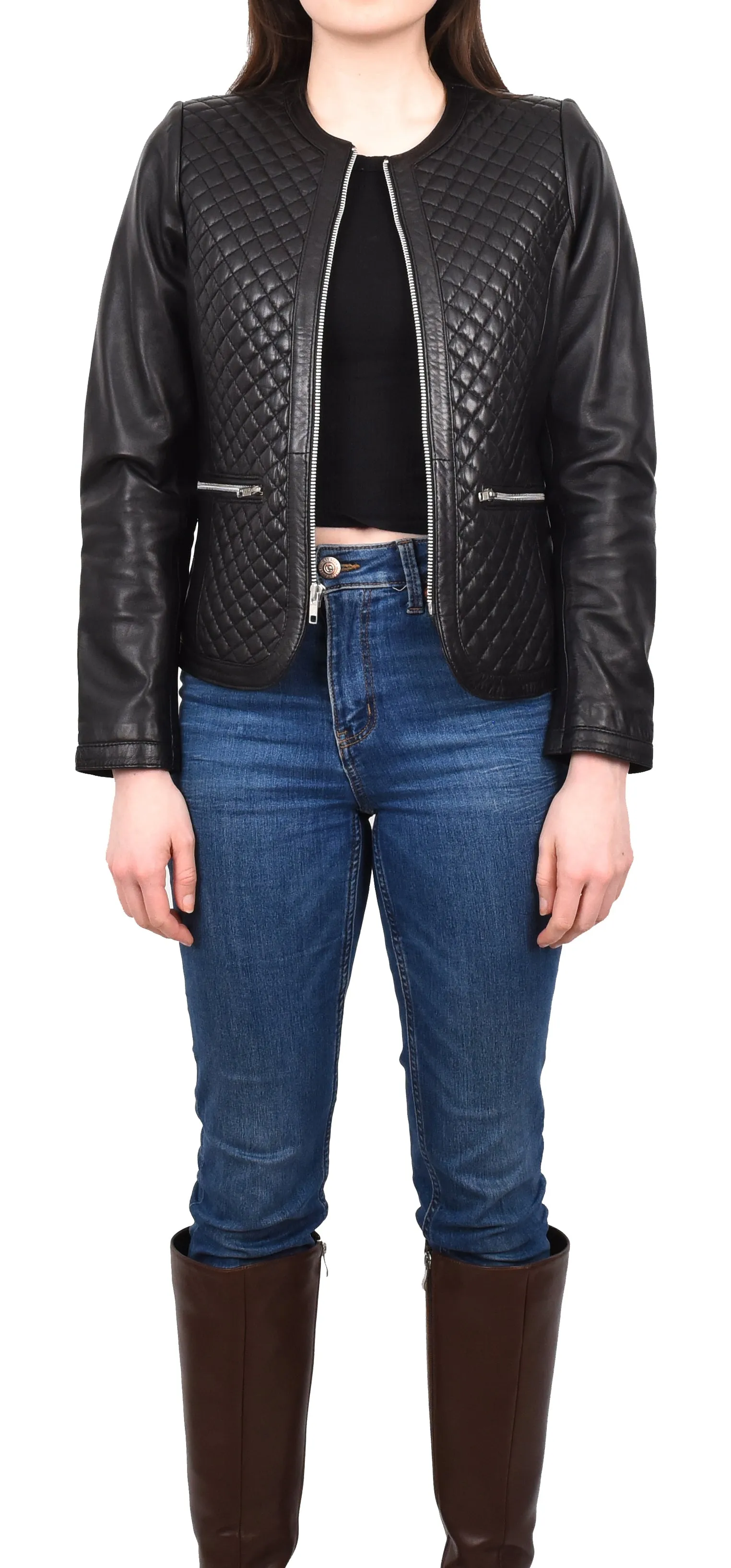 Women's Real Leather Smart Quilted Biker Style Jacket Black Quiltara