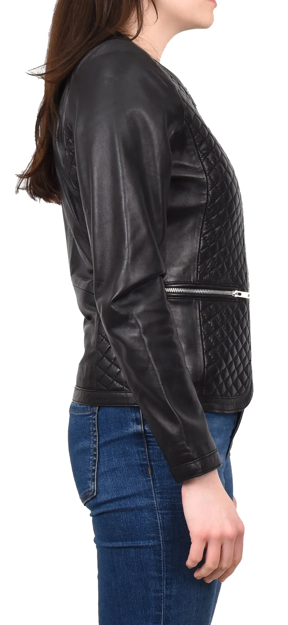 Women's Real Leather Smart Quilted Biker Style Jacket Black Quiltara