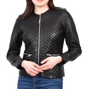 Women's Real Leather Smart Quilted Biker Style Jacket Black Quiltara