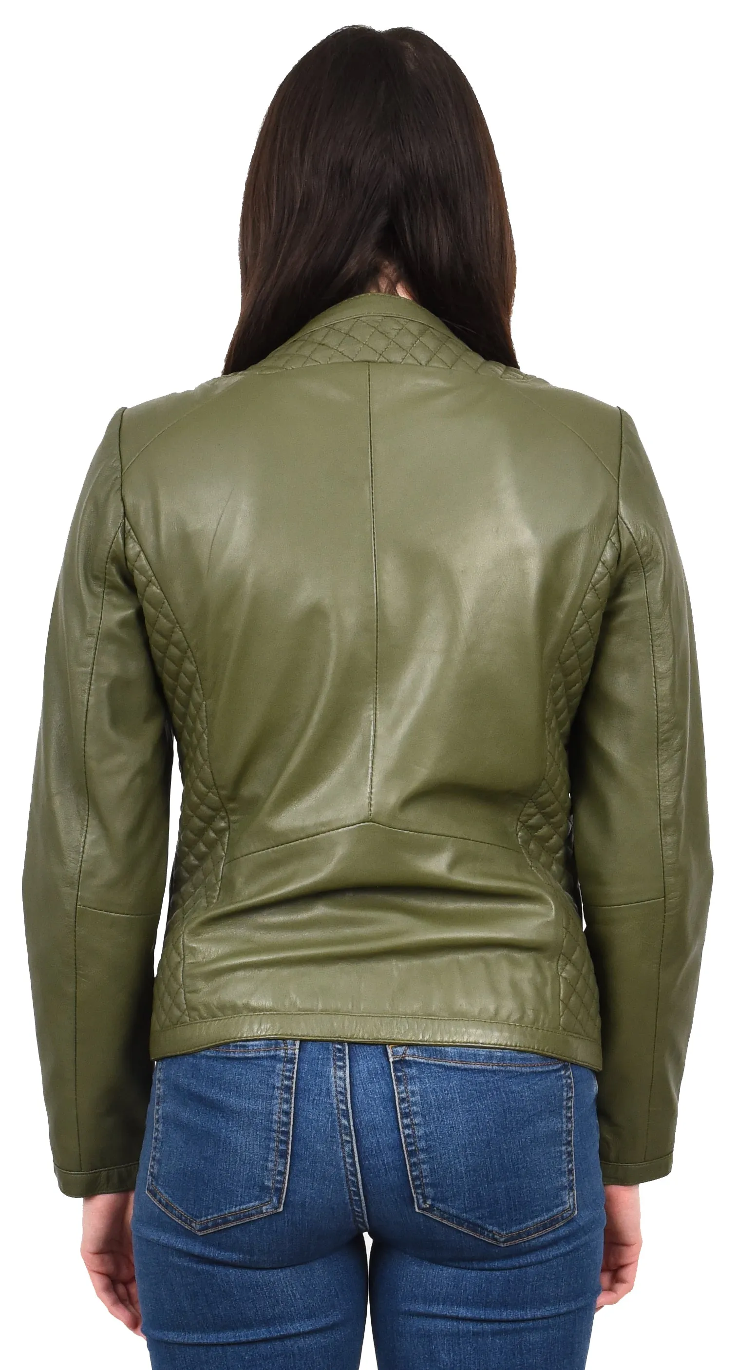 Women's Real Leather Smart Quilted Biker Style Jacket Green Quiltara