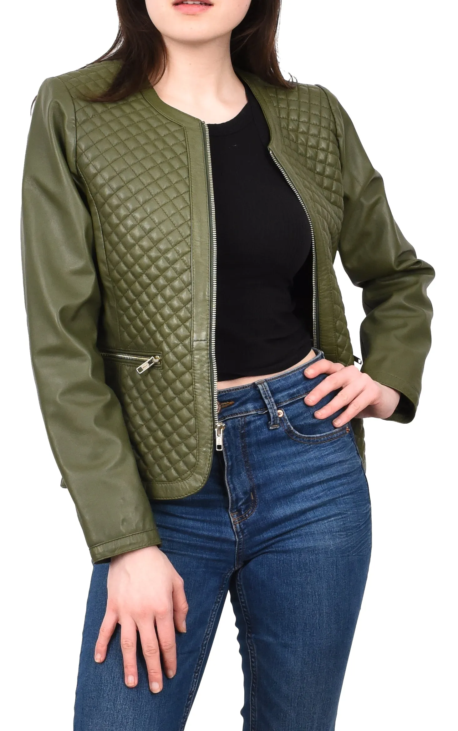 Women's Real Leather Smart Quilted Biker Style Jacket Green Quiltara