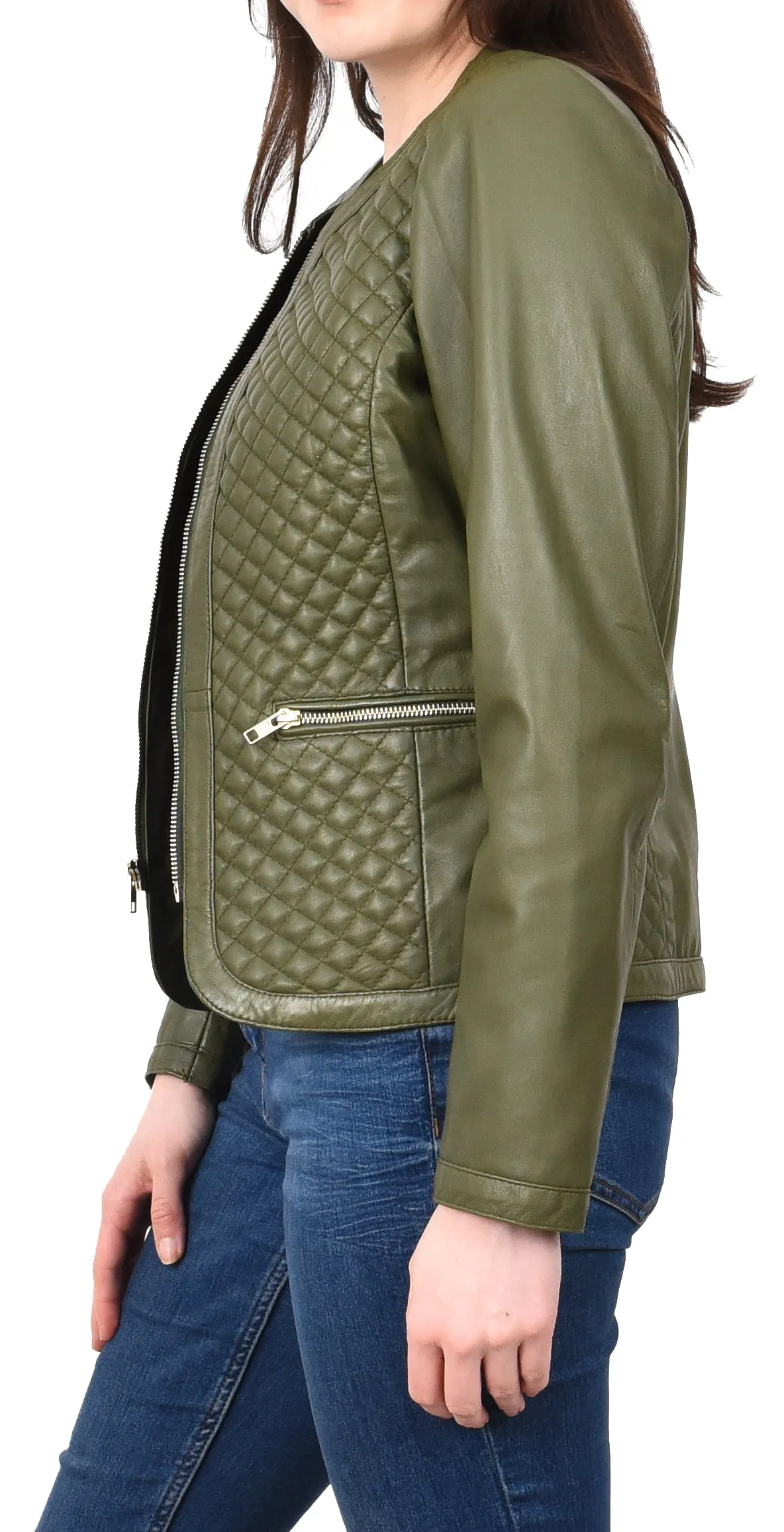 Women's Real Leather Smart Quilted Biker Style Jacket Green Quiltara