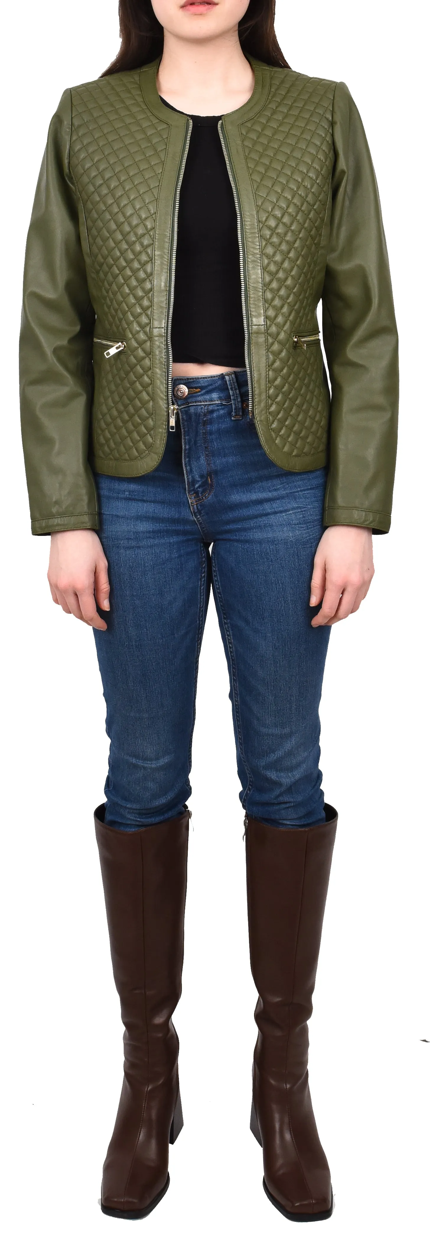 Women's Real Leather Smart Quilted Biker Style Jacket Green Quiltara