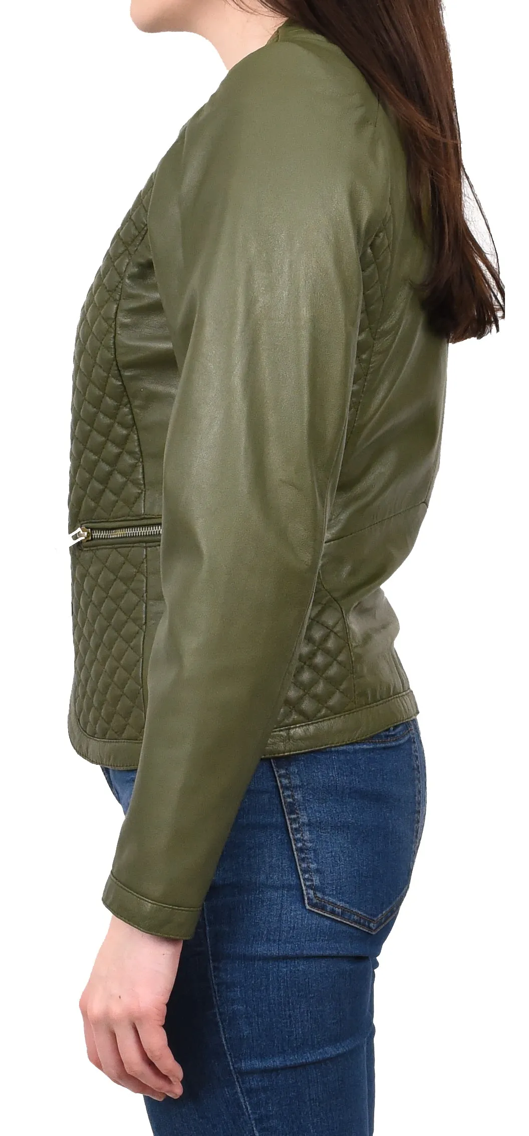 Women's Real Leather Smart Quilted Biker Style Jacket Green Quiltara