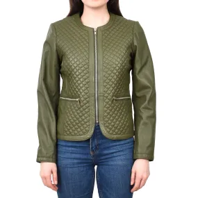 Women's Real Leather Smart Quilted Biker Style Jacket Green Quiltara