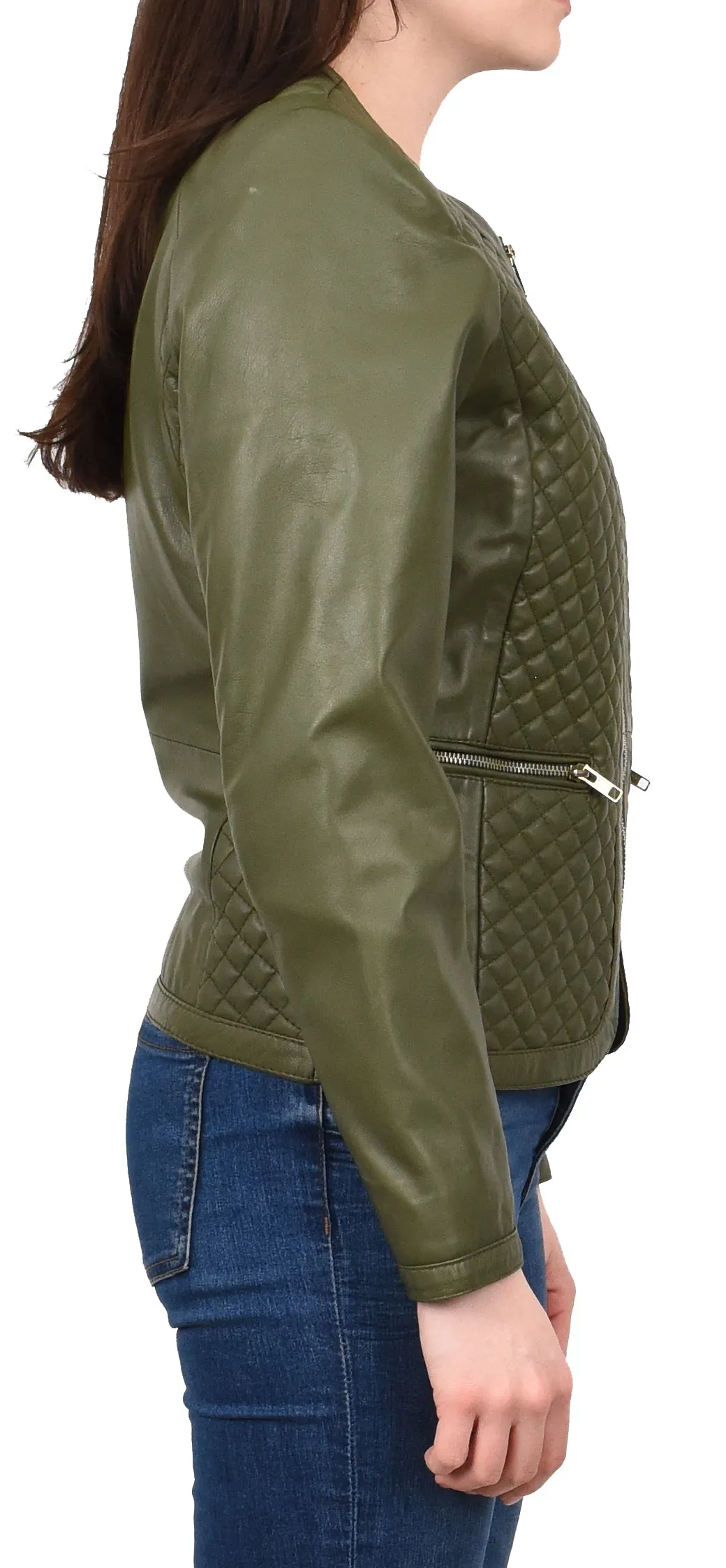 Women's Real Leather Smart Quilted Biker Style Jacket Green Quiltara