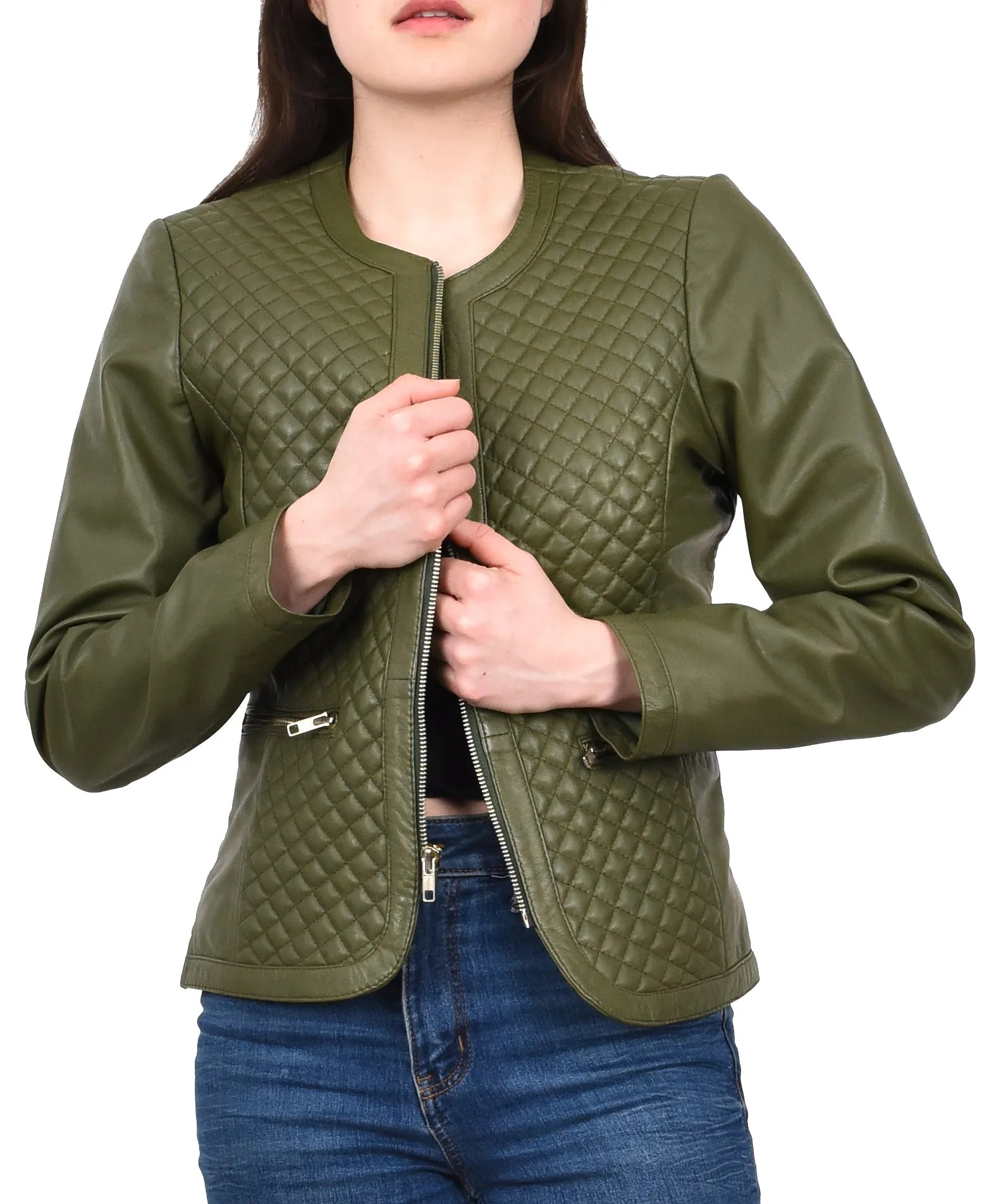 Women's Real Leather Smart Quilted Biker Style Jacket Green Quiltara