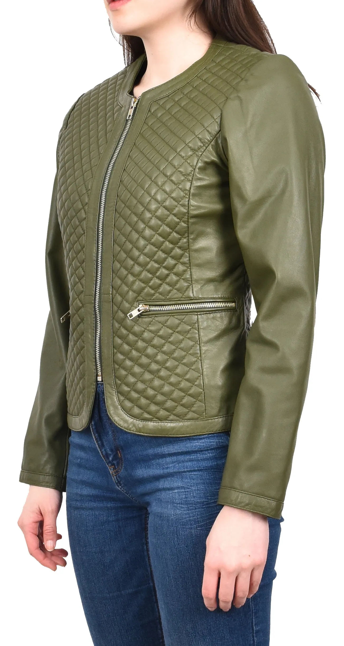 Women's Real Leather Smart Quilted Biker Style Jacket Green Quiltara
