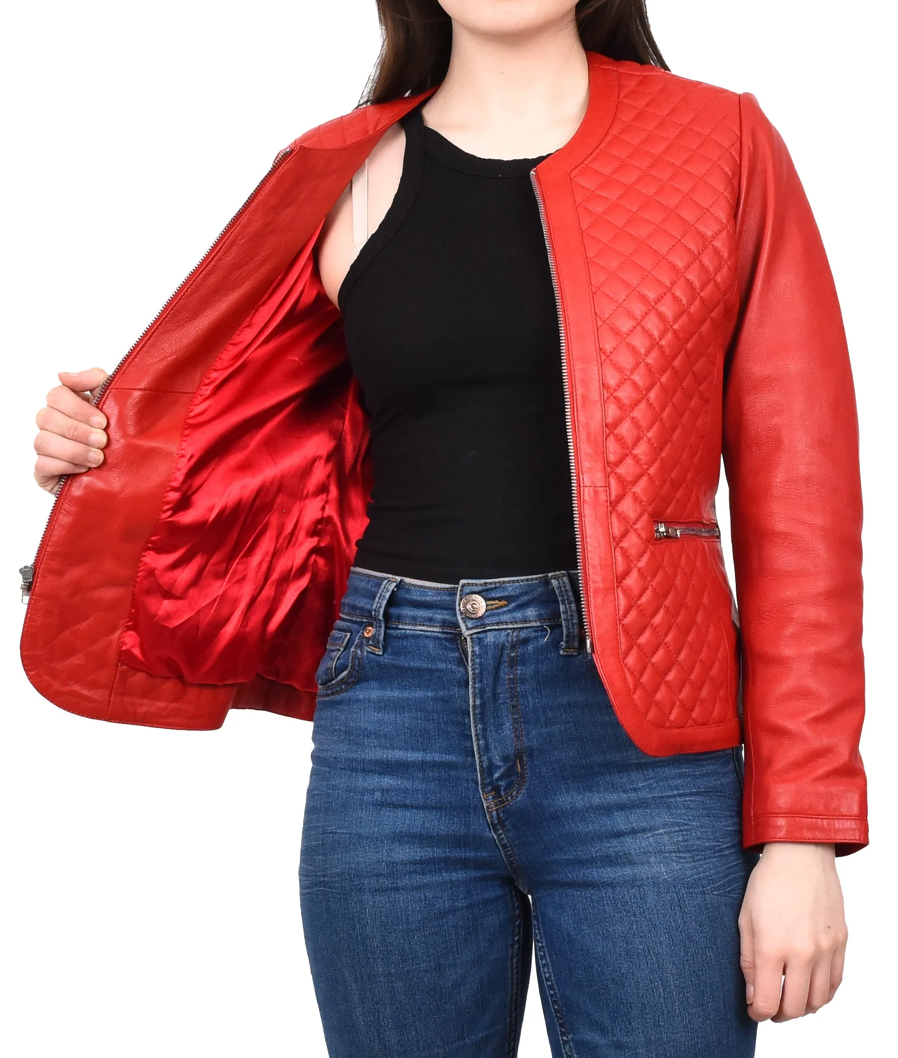 Women's Real Leather Smart Quilted Biker Style Jacket Red Quiltara