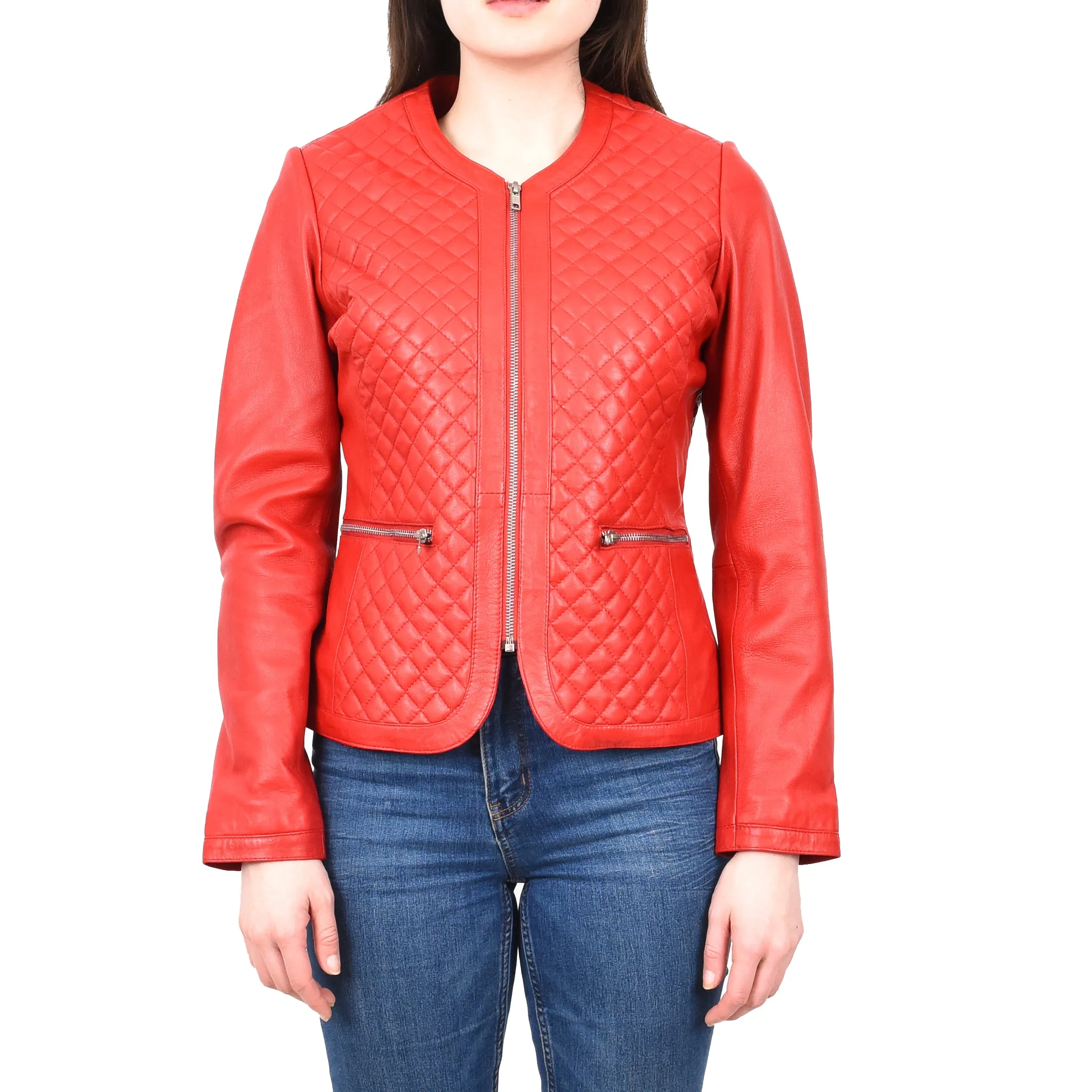Women's Real Leather Smart Quilted Biker Style Jacket Red Quiltara