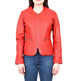 Women's Real Leather Smart Quilted Biker Style Jacket Red Quiltara