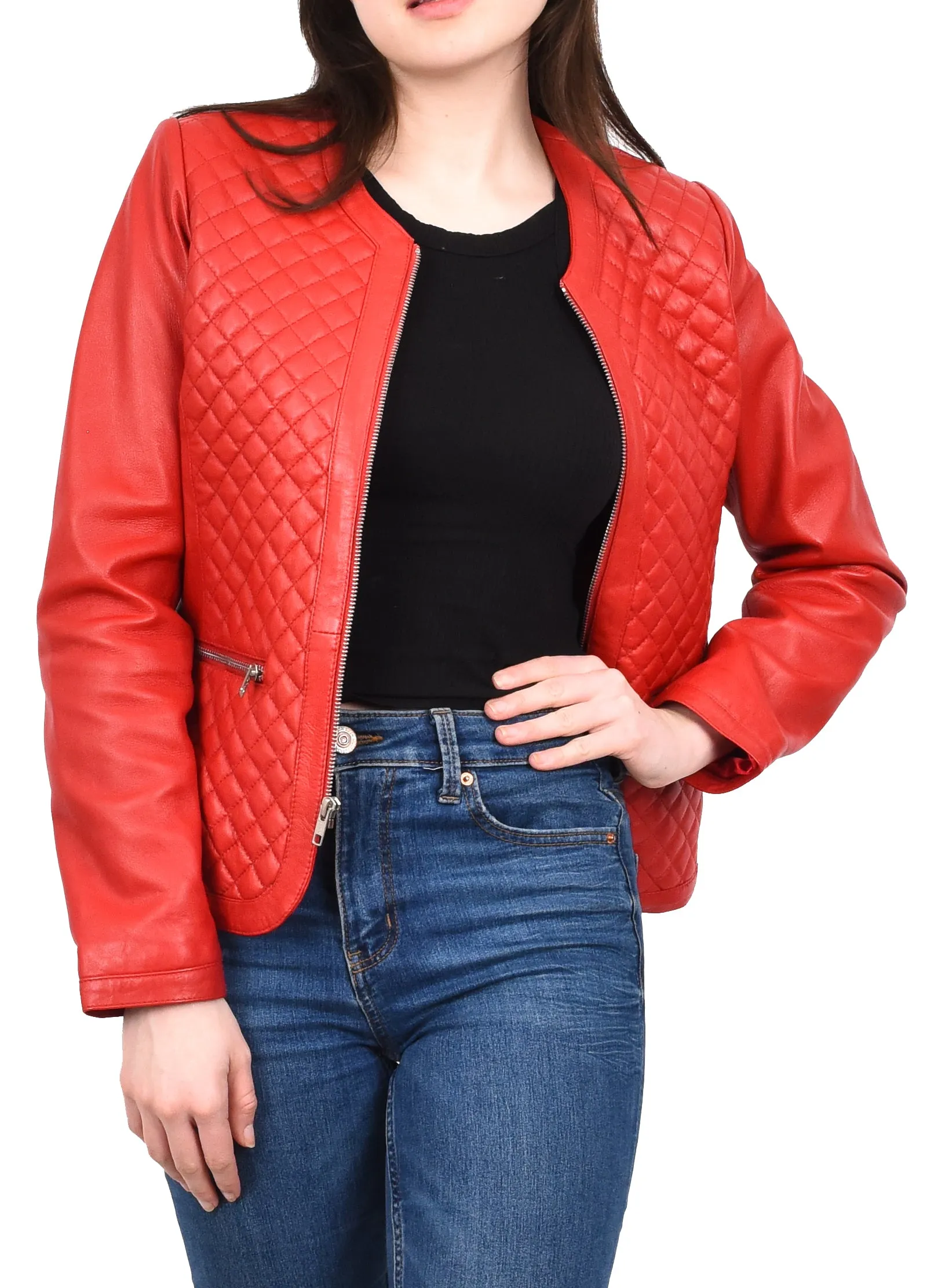 Women's Real Leather Smart Quilted Biker Style Jacket Red Quiltara