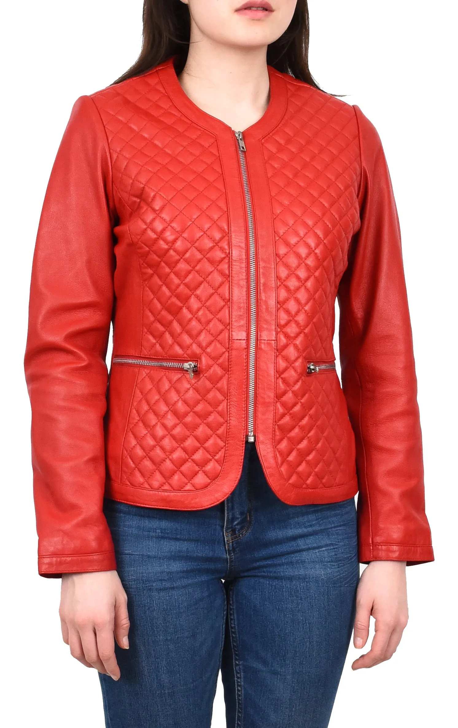 Women's Real Leather Smart Quilted Biker Style Jacket Red Quiltara
