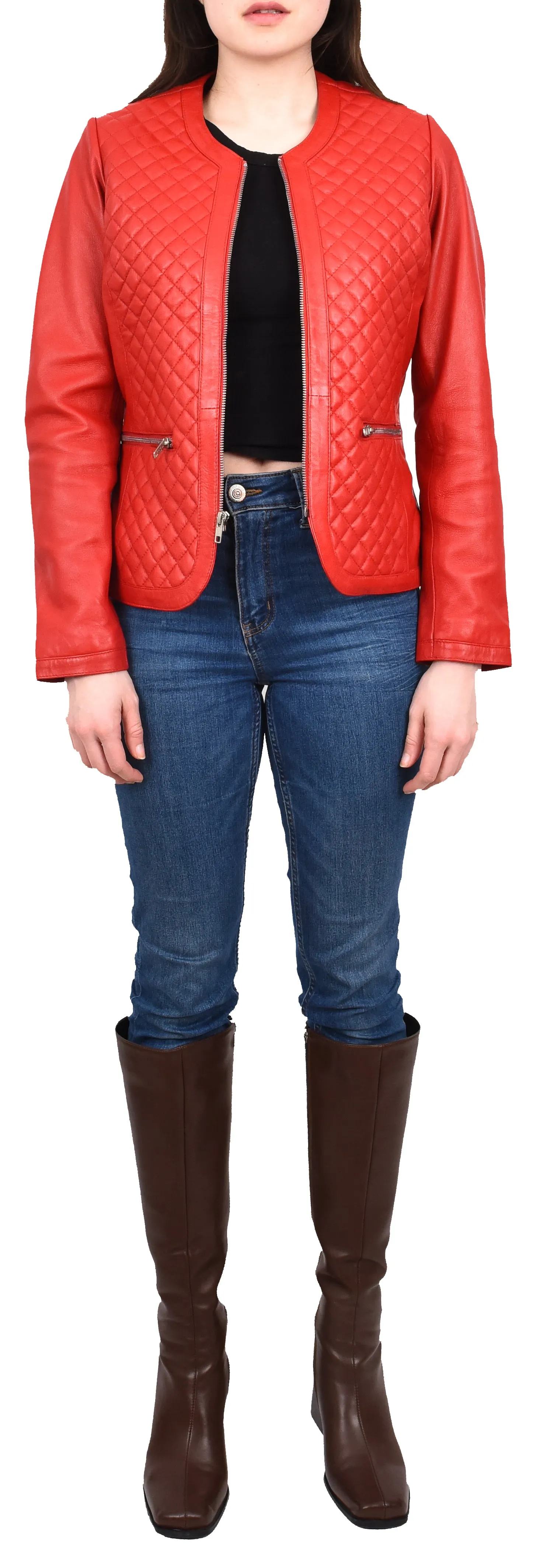 Women's Real Leather Smart Quilted Biker Style Jacket Red Quiltara