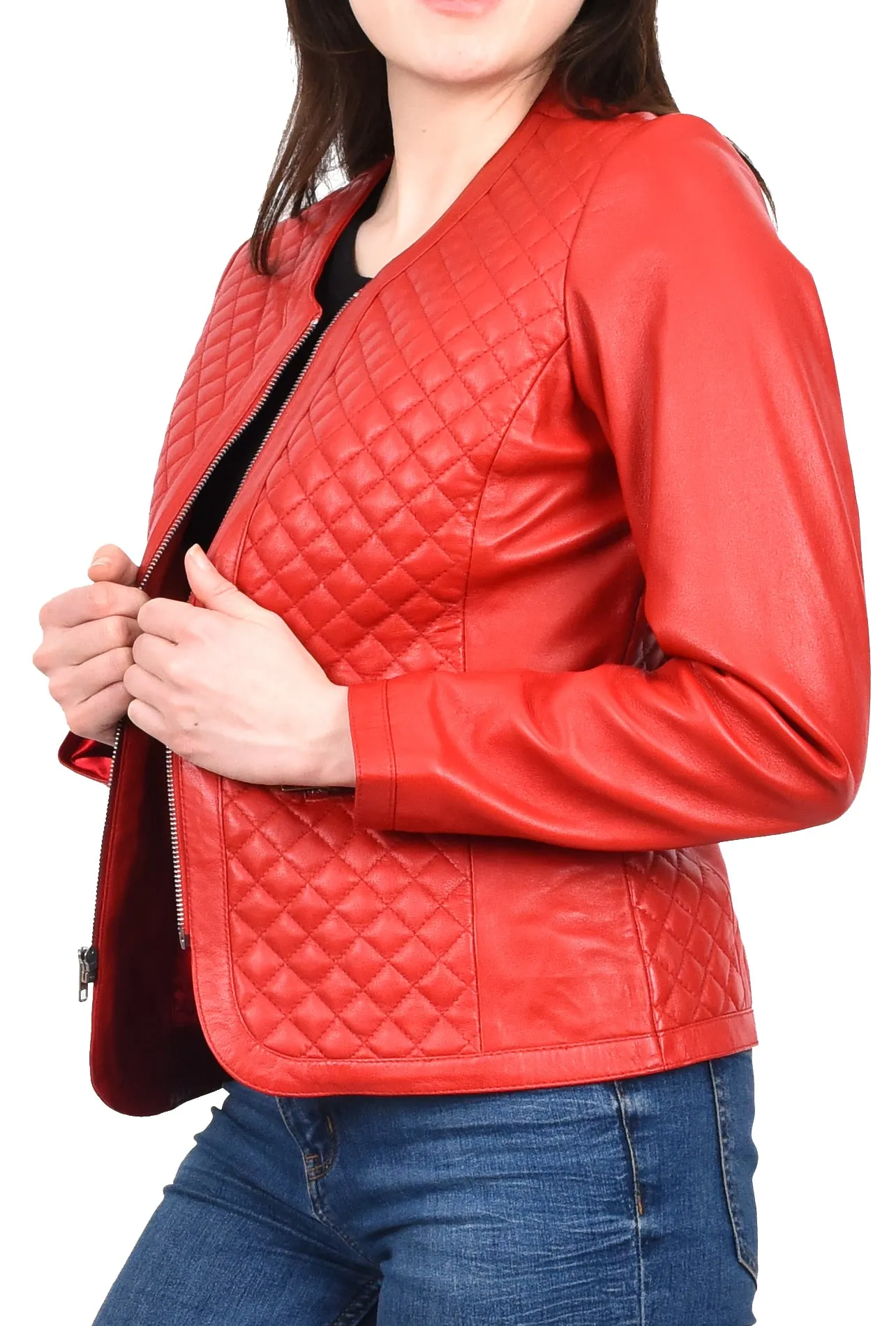 Women's Real Leather Smart Quilted Biker Style Jacket Red Quiltara