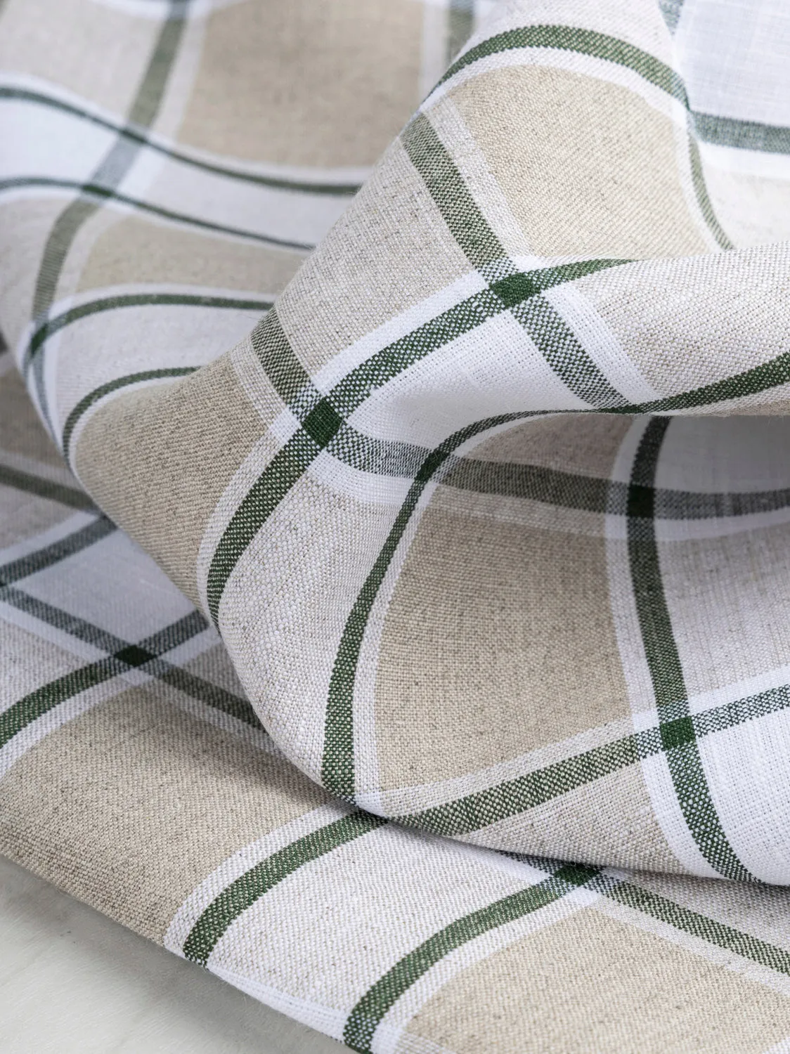 Yarn Dyed Plaid Irish Linen Suiting Deadstock - Beige   Green   White